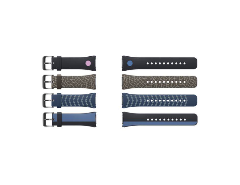 The image shows four watch straps with different designs and colors:

1. Black strap with a pink dot.
2. Brown strap with a blue dot.
3. Blue strap with a black border.
4. Black strap with a blue border.

Each strap has a buckle and holes for adjusting the fit.