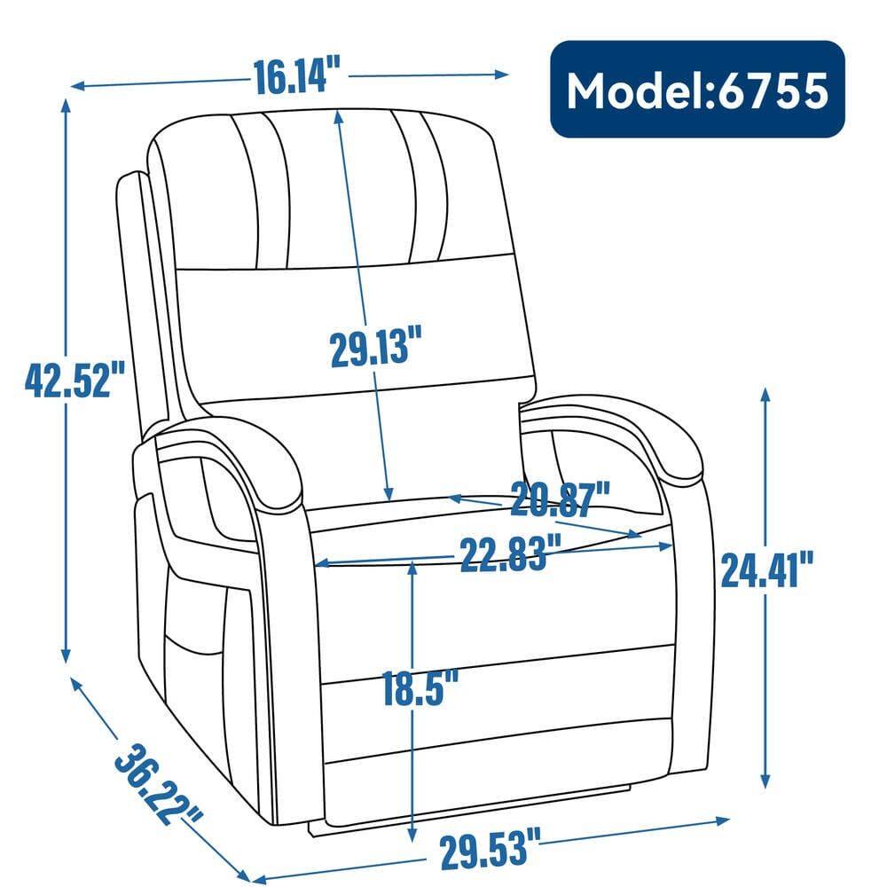 Model: 6755

- Width: 42.52"
- Height: 29.13"
- Depth: 36.22"
- Seat Height: 18.5"
- Seat Depth: 29.53"
- Armrest Height: 16.14"
- Armrest Width: 20.87"
- Armrest Depth: 22.83"
- Overall Width: 24.41"