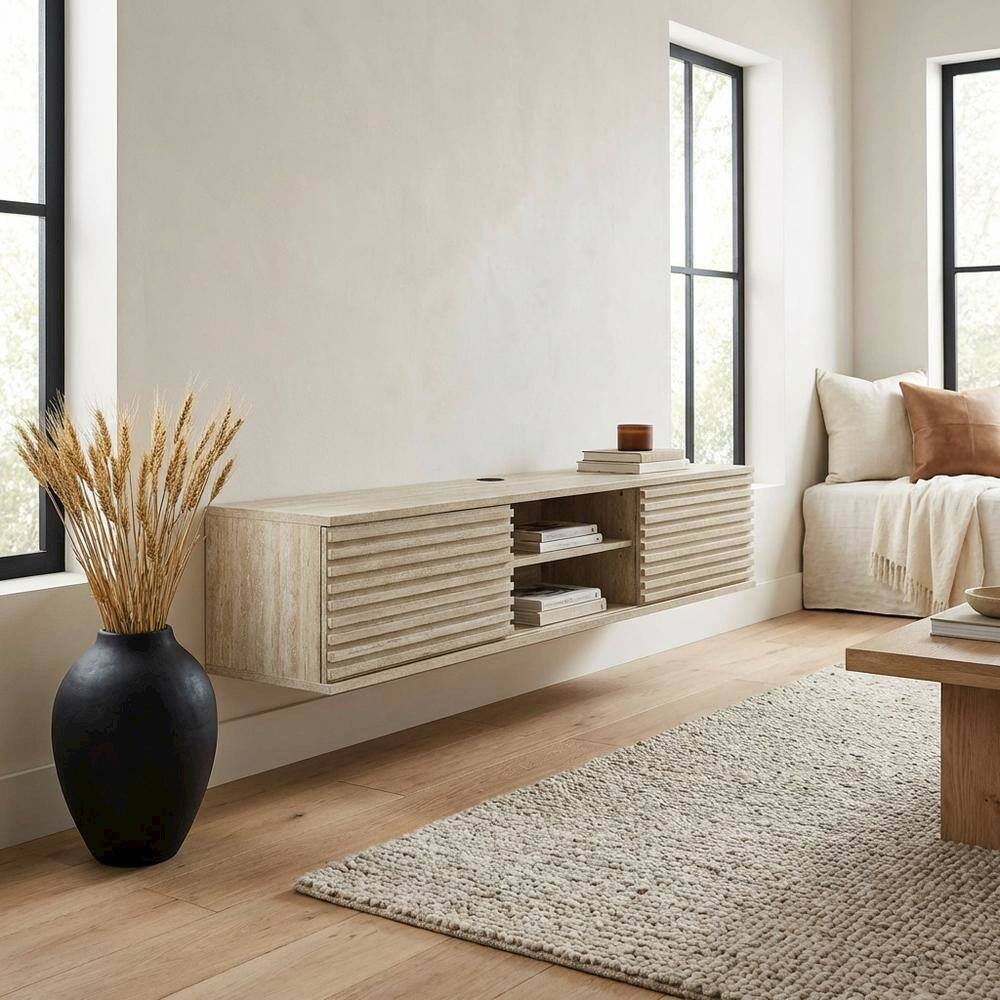 Left. FurniFact - Gray faux wall-mount media console, solid construction, 70-inch design - Gray.