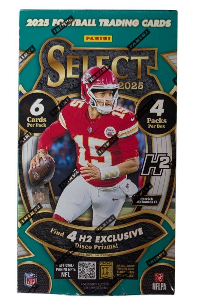 2025 Football Trading Cards  
Panini Select 2025  
6 Cards Per Pack  
4 Packs Per Box  

Patrick Mahomes II  
H2 Exclusive Disco Prizms!  
Find 4 H2 Exclusive Disco Prizms! per box, on average  

Official Panini NFTs  
NFL  
NFLPA  

No-Trade Policy  
Set Packaged in Factory Sealed Box  

Buy, Sell, Auction Your Card on Blockchain!