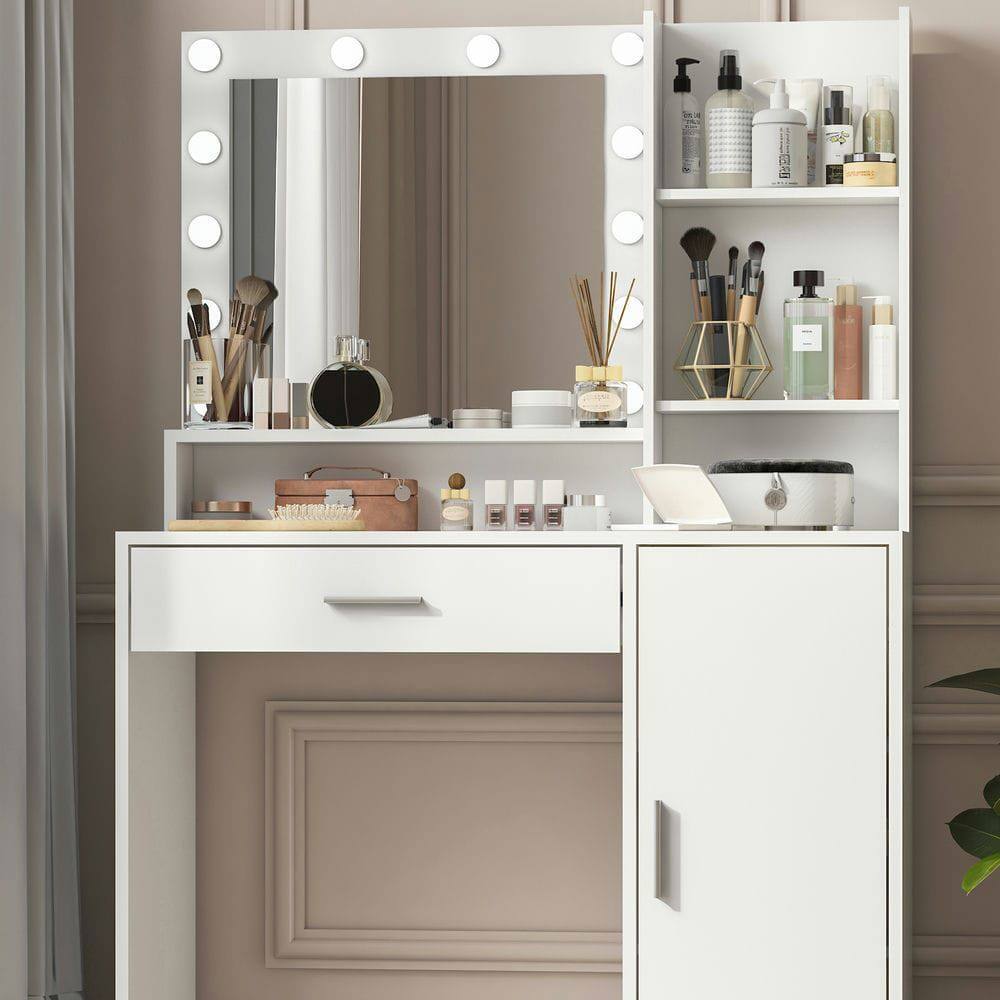 Alt View 1. Kadyn - Makeup Desk with Lighted Mirror and 3-Tier Storage Drawers - White - White.