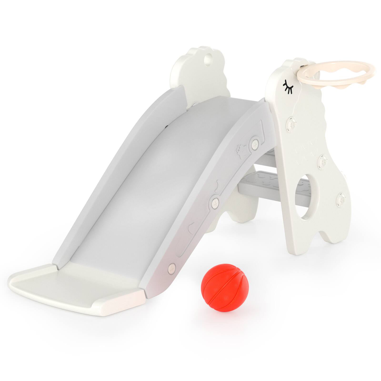 Angle. Topteng - 3-in-1 Foldable Toddler Slide with Climber & Basketball Hoop - Pink.