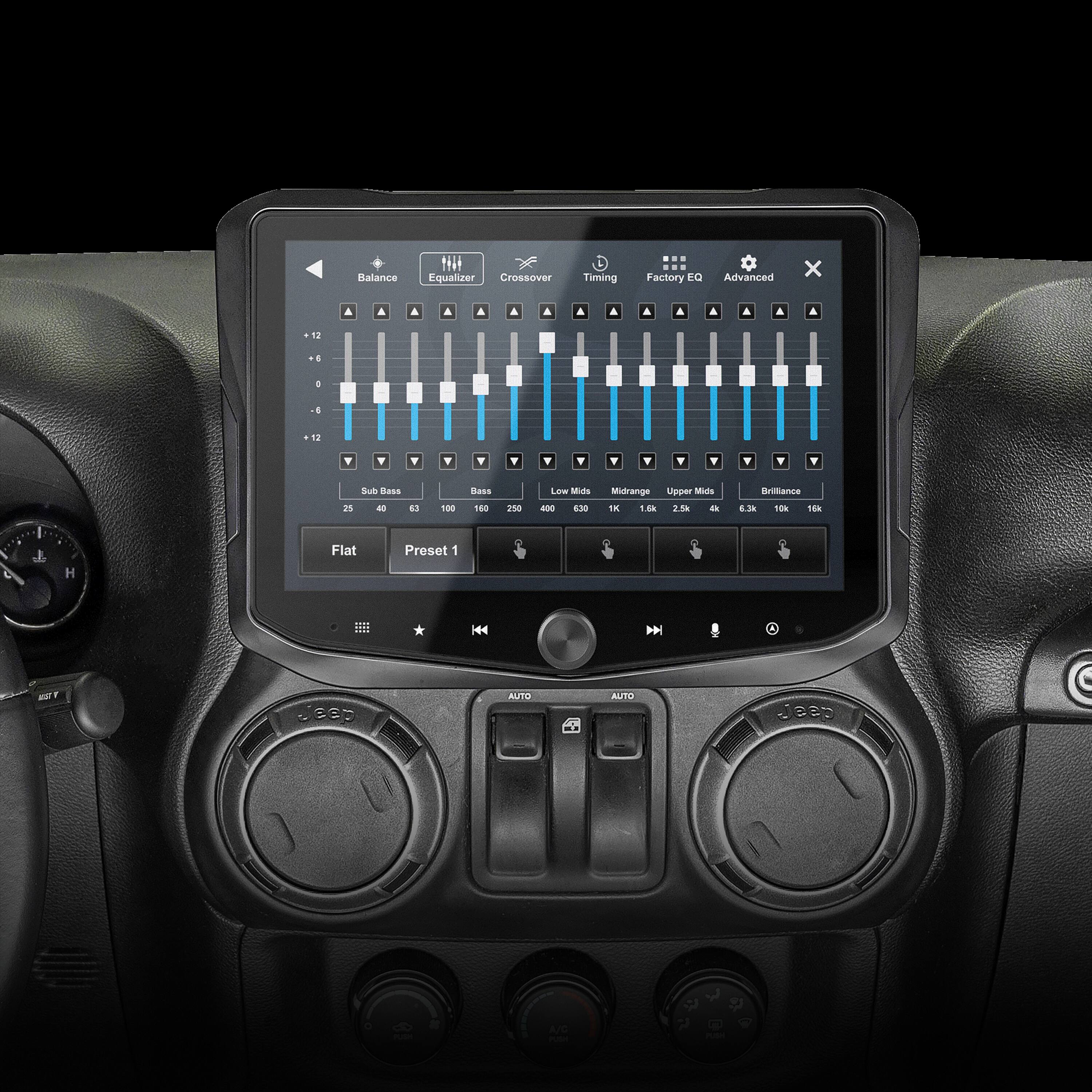 The image shows a car dashboard with a display screen that has a graphic equalizer and a factory preset. The equalizer has a balance fHli, and it has a range of frequencies, including 25 Hz, 100 Hz, 168 Hz, 250 Hz, 400 Hz, 130 Hz, 1 kHz, 2.5 kHz, and 6.3 kHz. The factory preset is labeled "Auto" and is located on the left side of the screen.