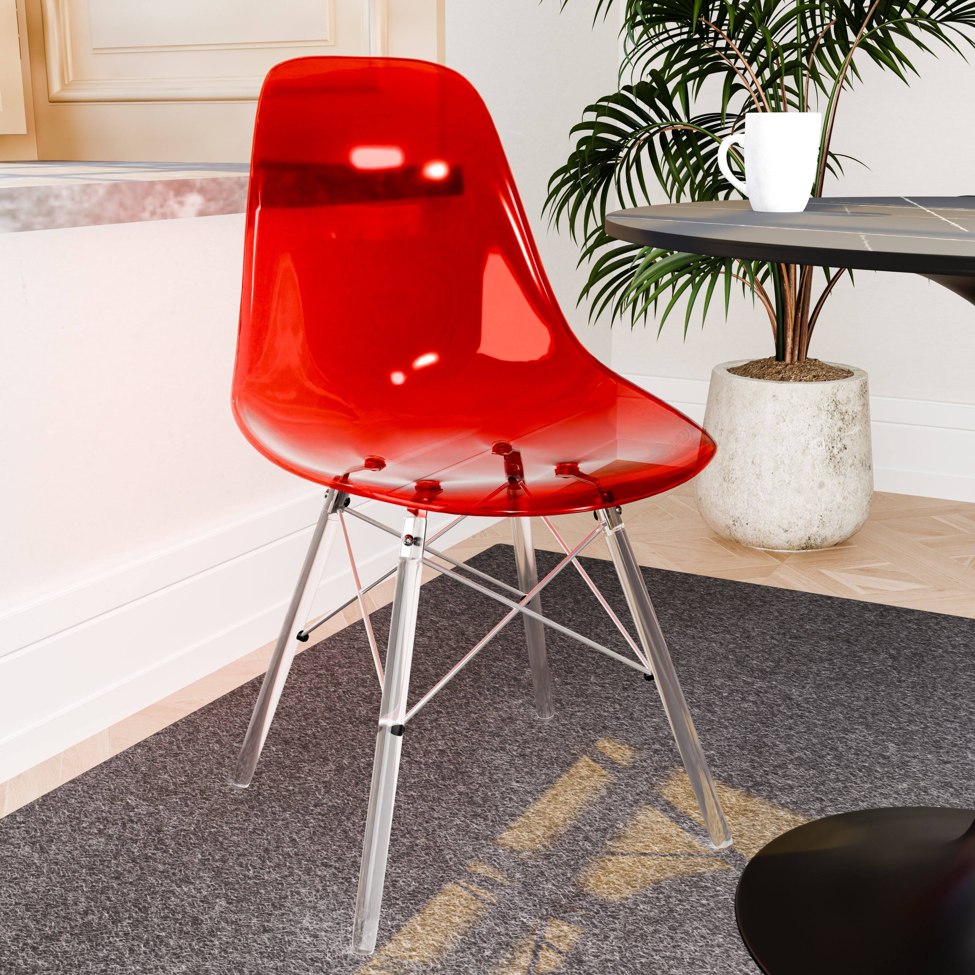 Angle. LeisureMod - Cresco 4-Pieces Modern Plastic Dining Chair with Chrome Support Base and Acrylic Legs - Transparent Red.