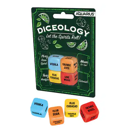 AQUARIUS DICEOLOGY
Let the Spirits Roll!
1/2 oz. RUM
Base Spirit
1/4 oz. VODKA
Orange Juice (to top)
1/4 oz. BLUE CURACAO
Modifier
Lime Wedge
Garnish
VODKA
TEQUILA
BLUE CURACAO
ORANGE CLUB
WHEEL
SODA
TRIPLE SEC
WEDGE
MINT LEAF
ORANGE JUICE
