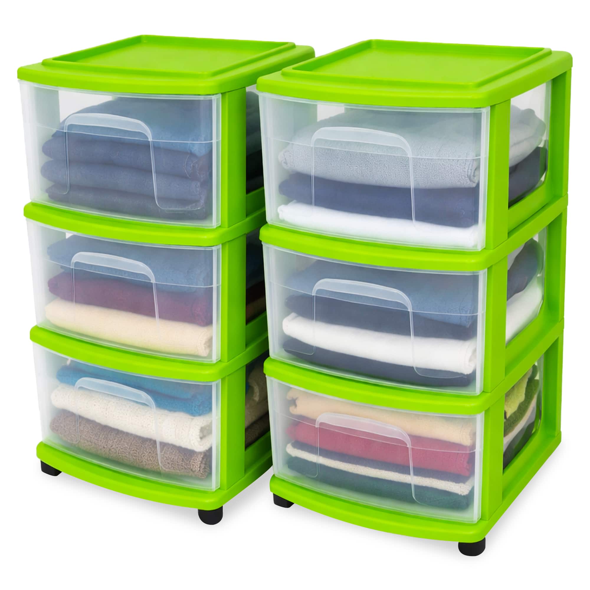 Homz - 3 Drawer Medium Storage Container Tower, Clear Drawers/Lime Frame (2 Pack)