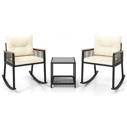 Front. Costway - Costway 3 PCS Outdoor Rocking Bistro Set with 2-Tier Coffee Table, Acacia Wood Armrests - Beige.