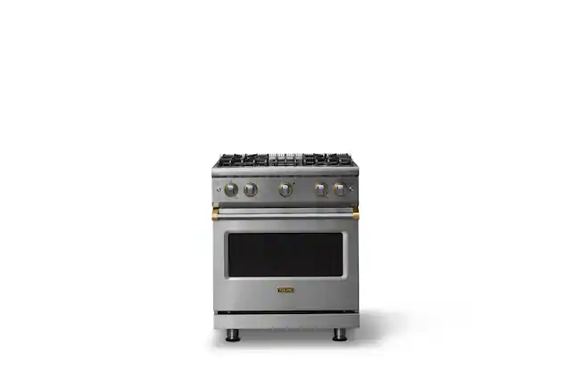 Front. Viking - 30"W. 4.0 Cu. Ft. Freestanding Manual Clean Sealed 4 Burner Gas Convection Range - Stainless Steel/Brushed Brass - Stainless Steel.