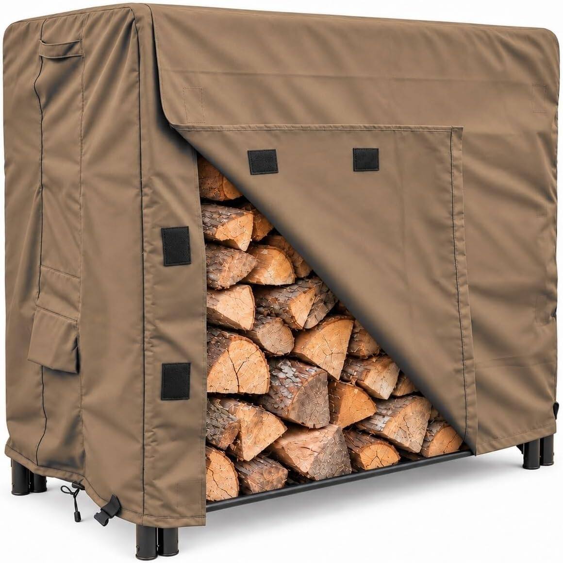 KHOMO GEAR - Firewood Rack Cover 4ft Waterproof, Outdoor Log Rack Cover with Easy-Load Front Flap and Air Vents - 48"L x 24"W x 42"H - Brown