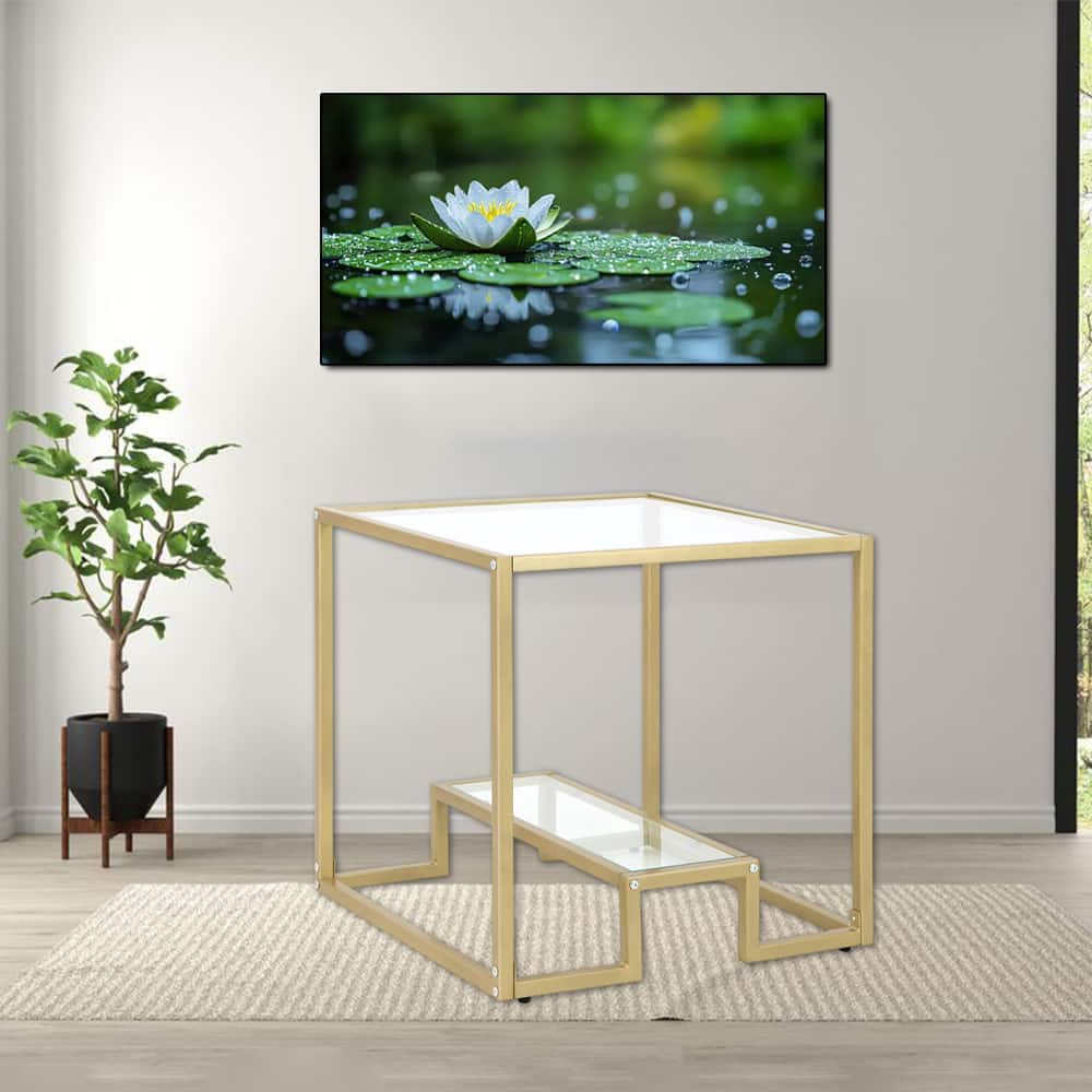 Hivvago - 22-Inch 2-Tier Square Accent Table with Clear Tempered Glass Surface - Bronze