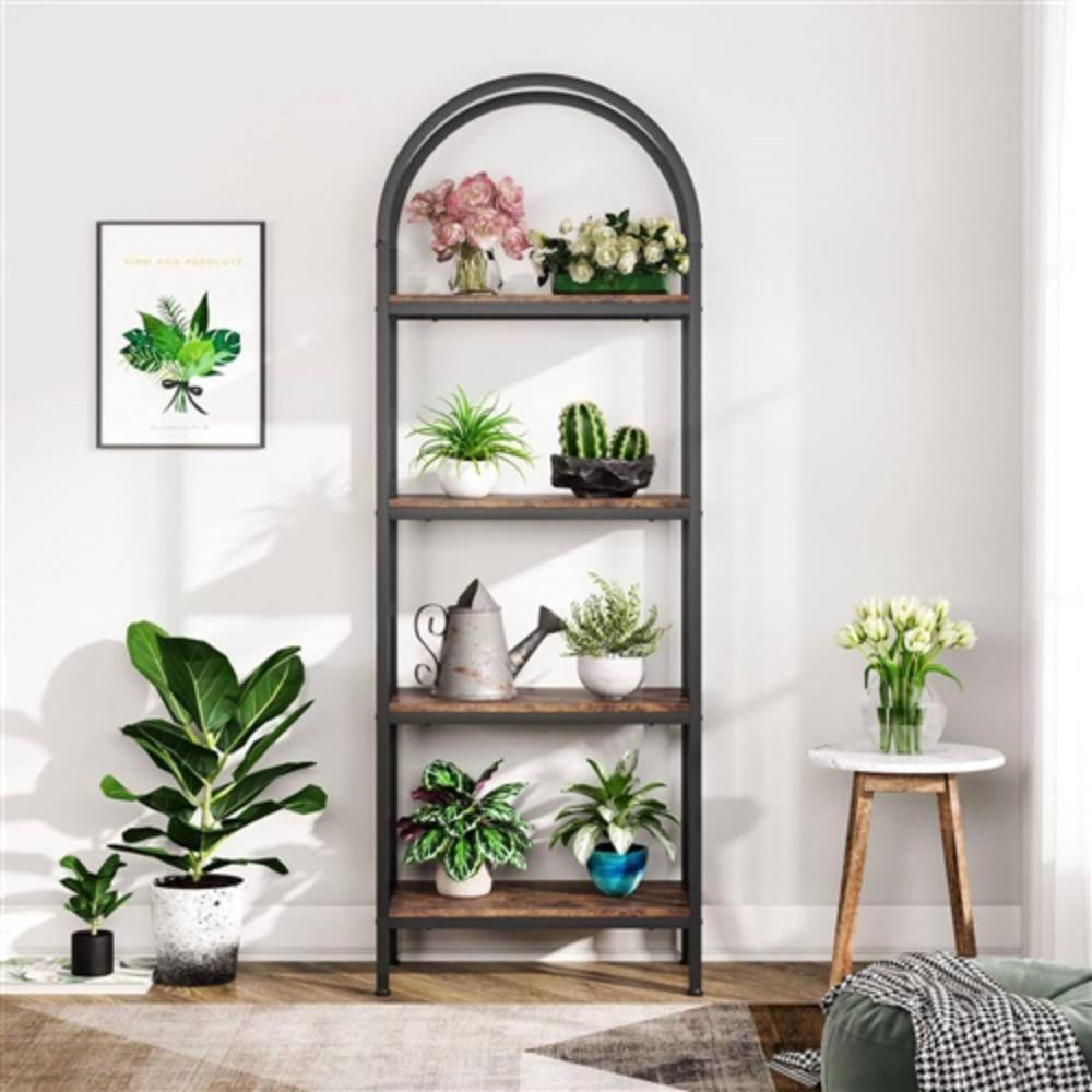 Angle. Hivvago - Modern Industrial Metal Wood Display Rack Bookcase with 4 Storage Shelves - Rustic Brown.