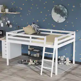 Winado - 47'' Junior Low Loft Bed with Stairs, Wood Loft Bed Full Size for Adults, Kids and Young Teens, No Box Spring Required - White