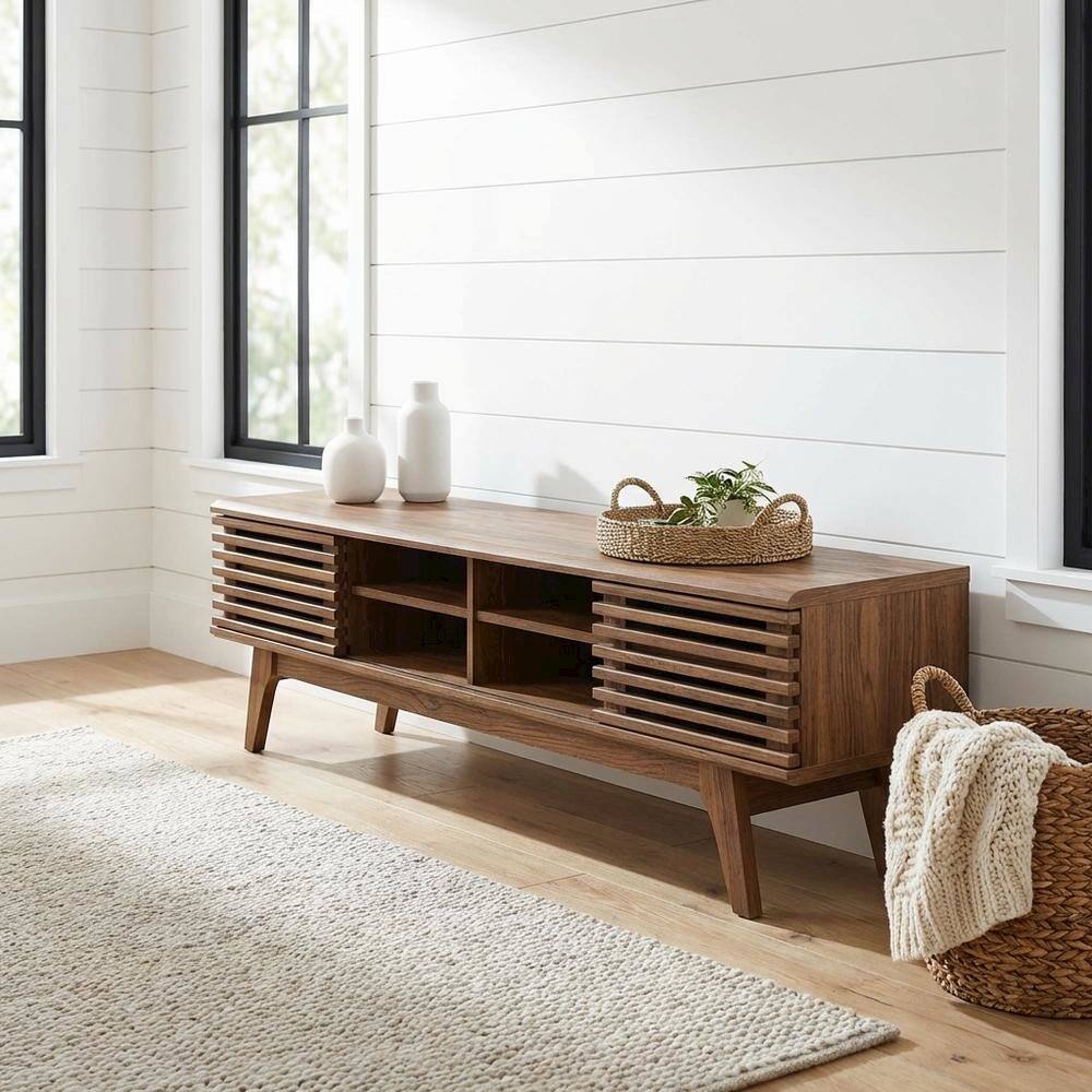 Angle. FurniFact - Brown wood entertainment center with spacious TV stand and sleek design - Brown.