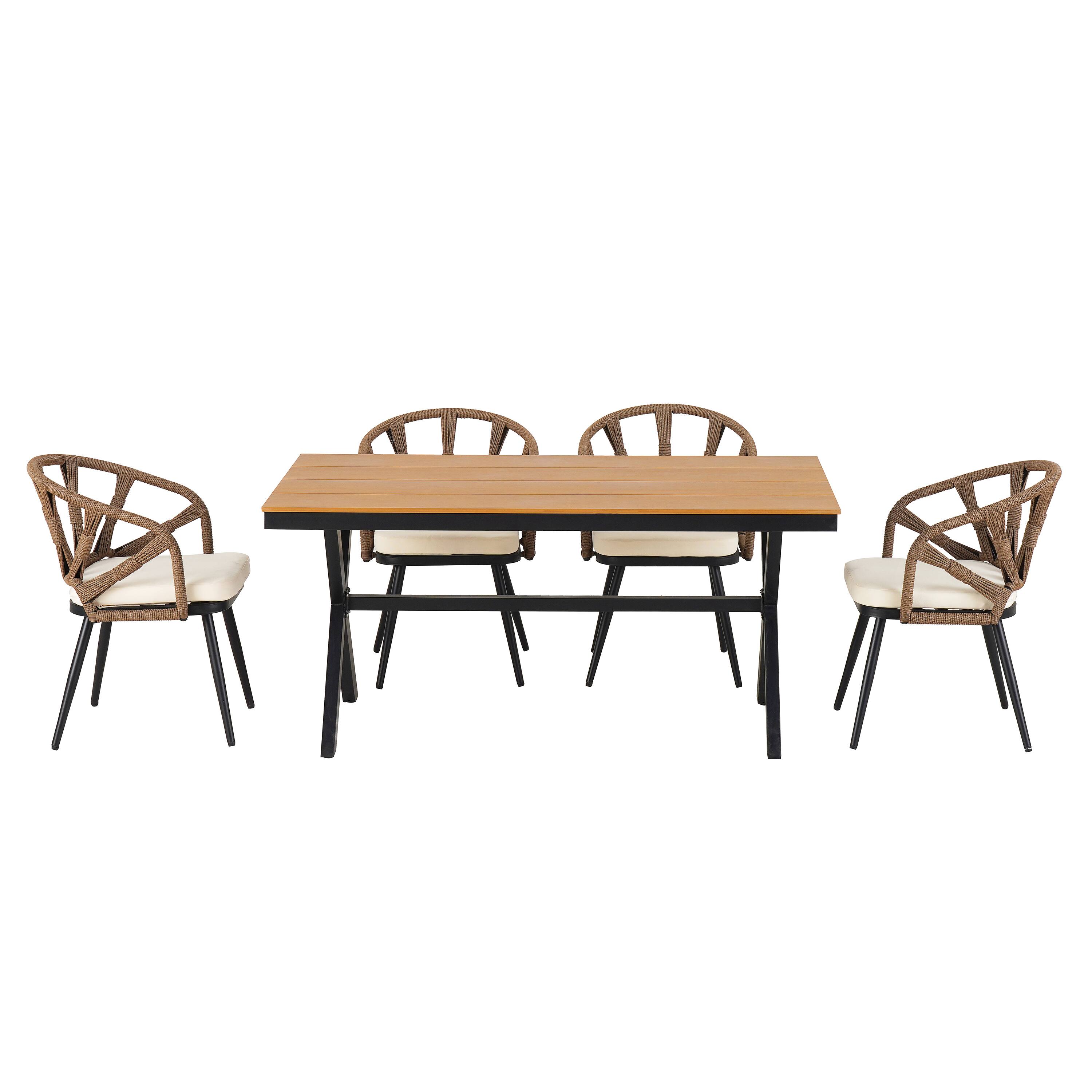 Back. Mondawe - 5-Piece Outdoor Set with PE Rattan Chairs and Plastic Wood Table - Brown.