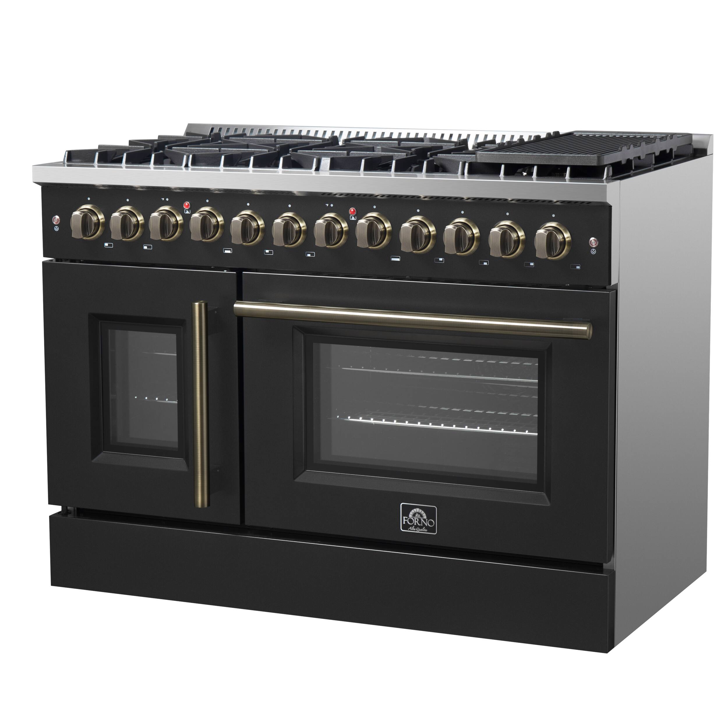 Angle. Forno Appliances - 48 in. Wide 8 Burner Galiano 6.58 Cu. Ft. Freestanding Dual Fuel True Convection Range - Black.