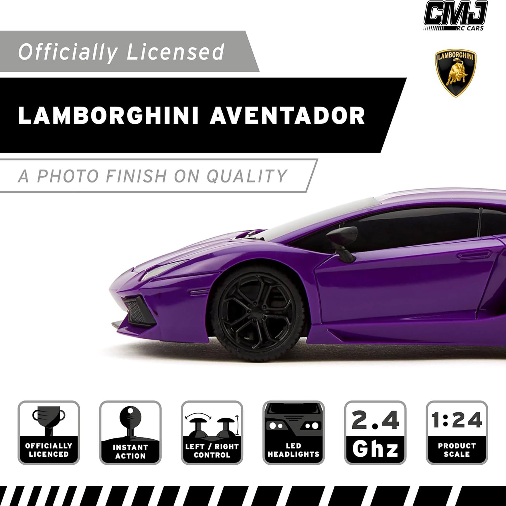 Officially Licensed CJ C CARS Lamborghini Aventador. A photo finish on quality. Instant action left/right LED control headlights. 2.4 Ghz 1:24 product scale.