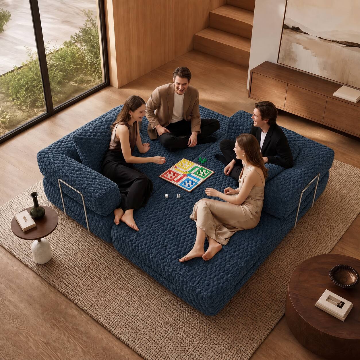 Alt View 2. Famapy - Convertible Folding Sofa Bed Couch 2-in-1 Loveseat with Plush Fabric Detachable Metal Support Brackets for Living Room - Navy Blue.