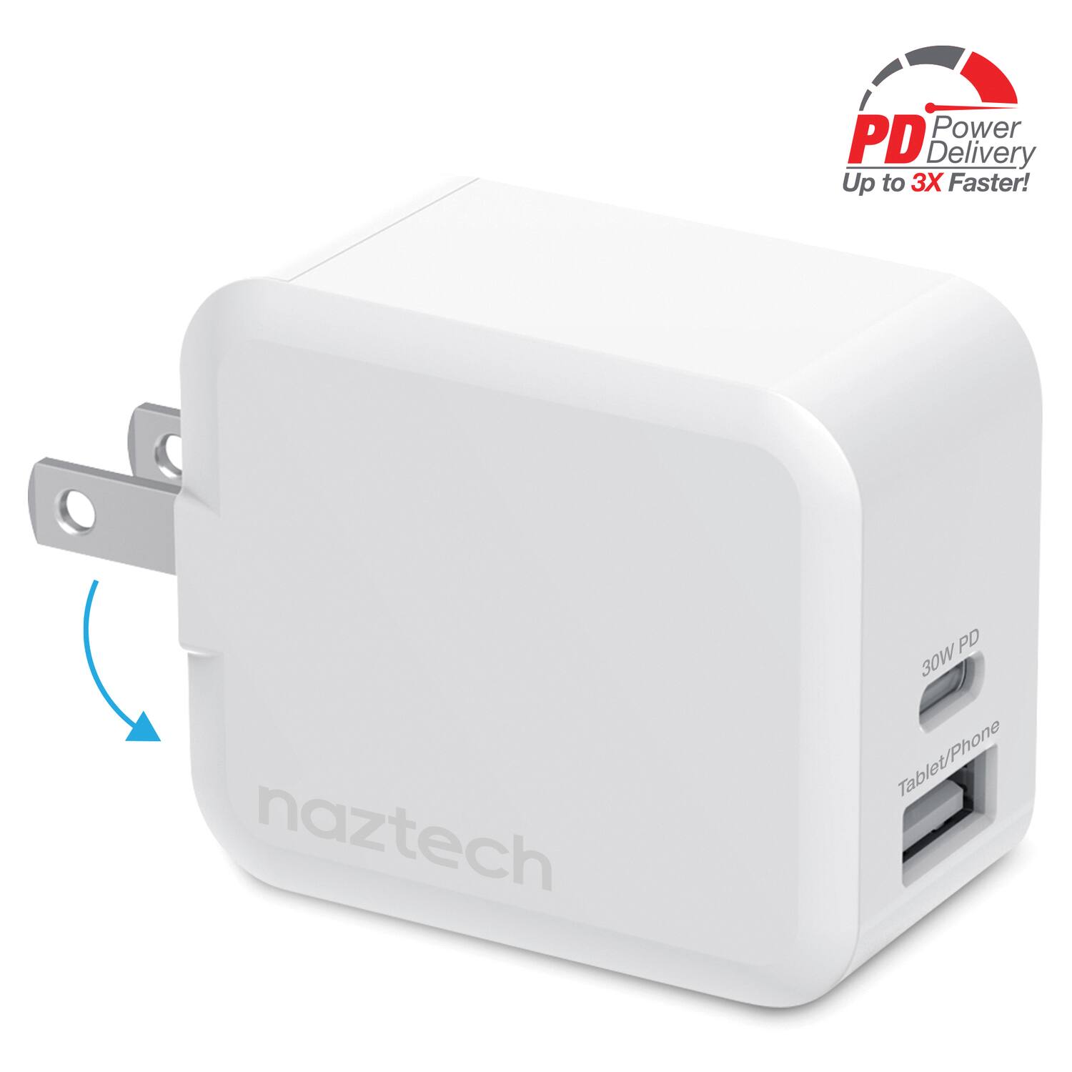 Power PD Delivery  
Up to 3X Faster!  

naztech PD 30W Tablet/Phone