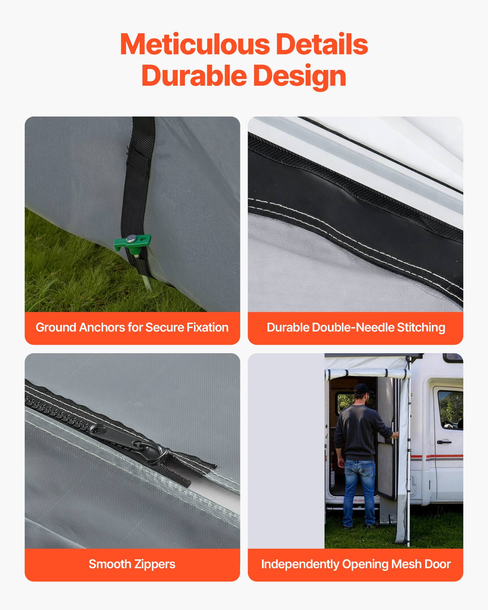 Meticulous Details Durable Design

- Ground Anchors for Secure Fixation
- Durable Double-Needle Stitching
- Smooth Zippers
- Independently Opening Mesh Door