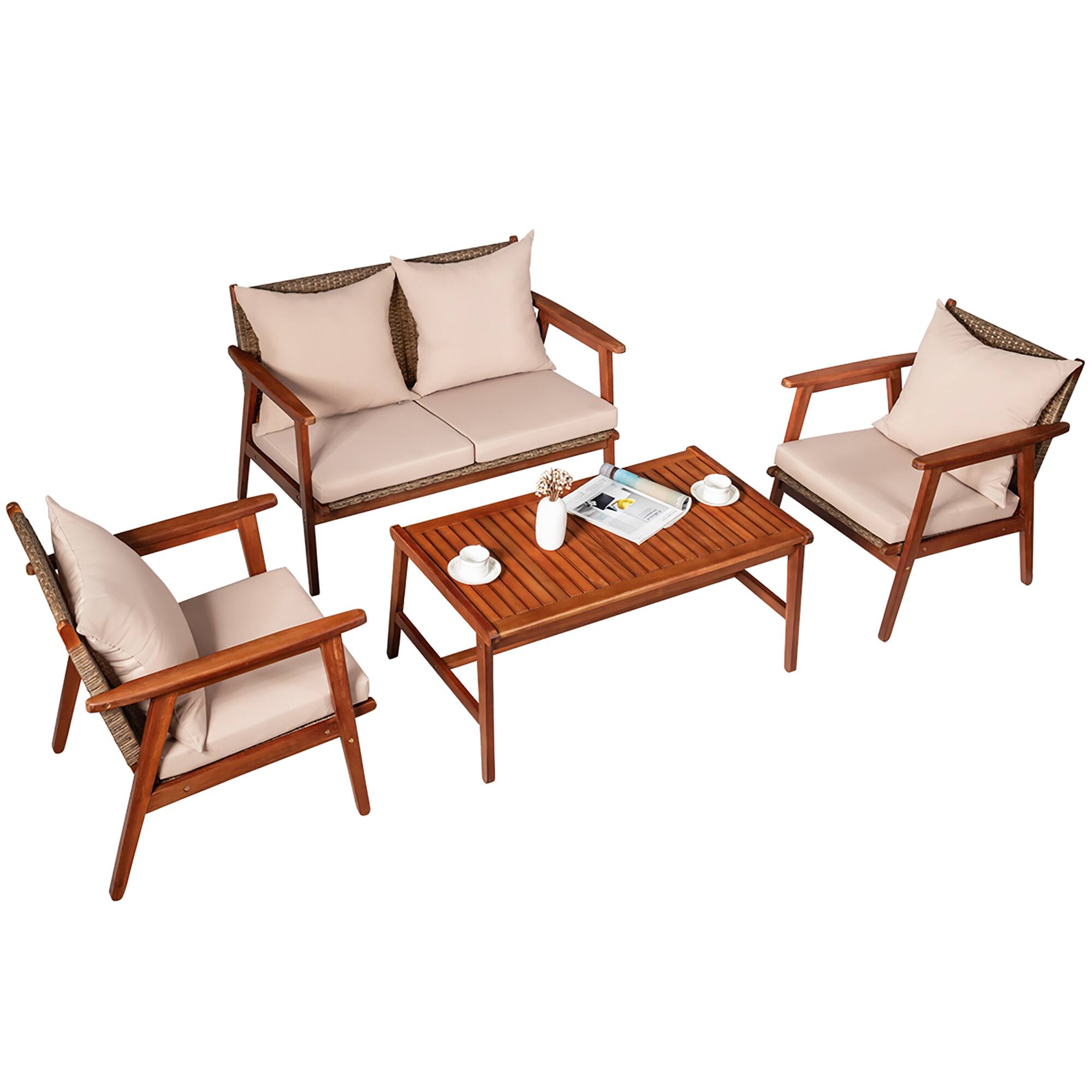 Alt View 9. Costway - Costway 8PCS Patio Rattan Furniture Set Acacia Wood Frame Cushioned Sofa Chair Garden - Brown.