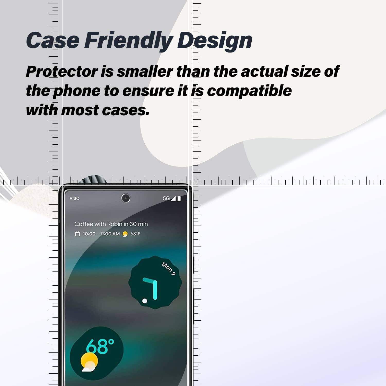 The text on the image states that the protector is smaller than the actual size of the phone to ensure compatibility with most cases. It also indicates that the time is 9:30 and the temperature is 68 degrees Fahrenheit.