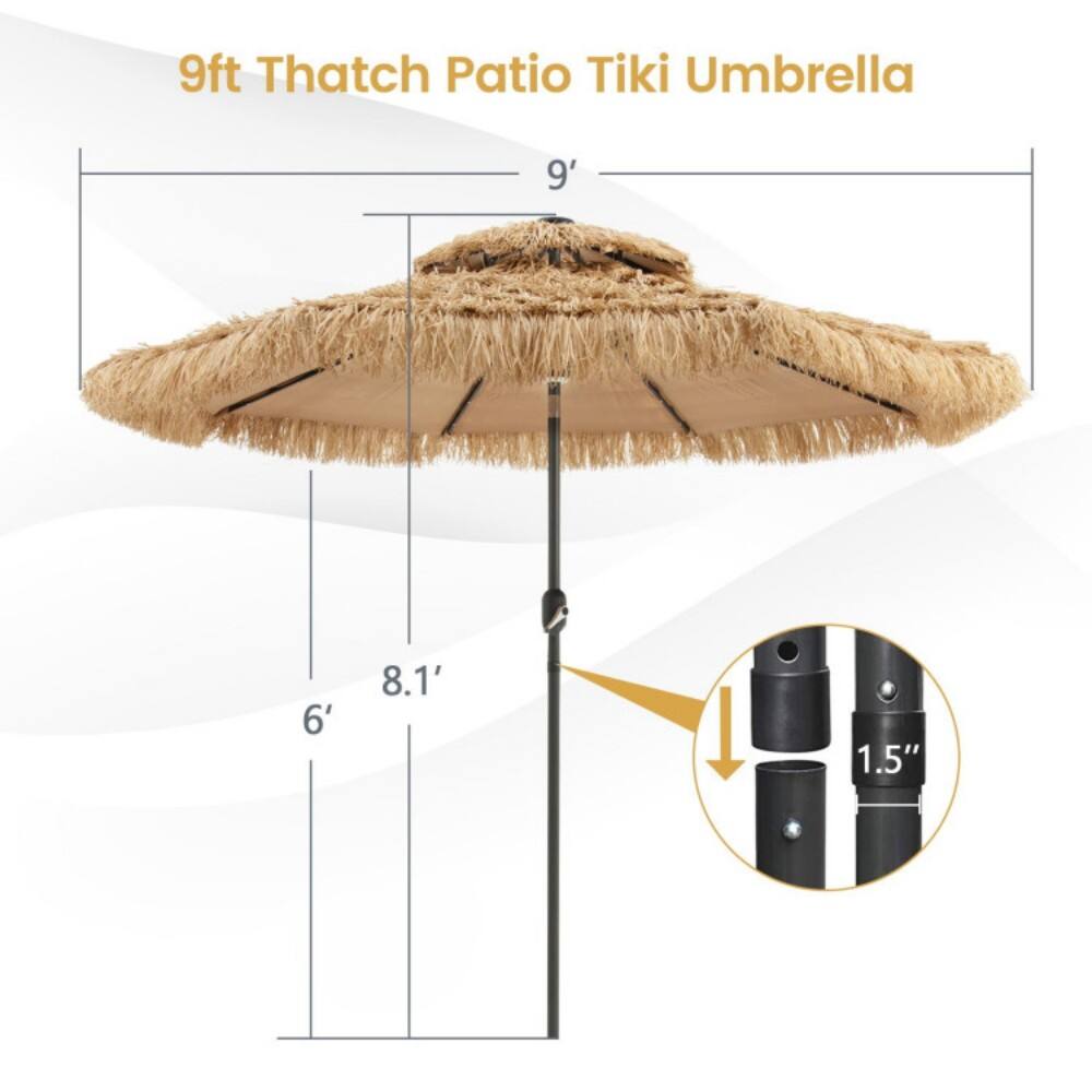 9ft Thatch Patio Tiki Umbrella  
9'  
6'  
8.1'  
1.5"