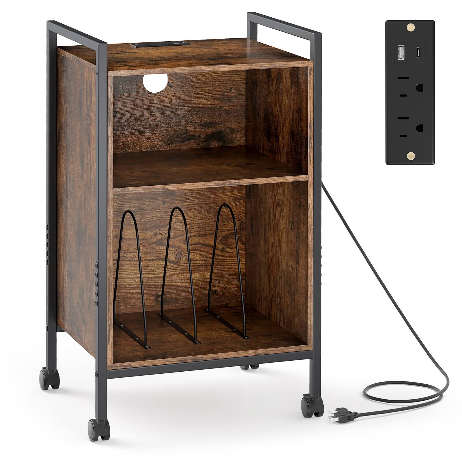 Alt View 8. Gymax - Gymax 3-Tier Rolling Record Player Stand w/ Charging Station Open Shelves for Bedroom - Rustic Brown, Black.