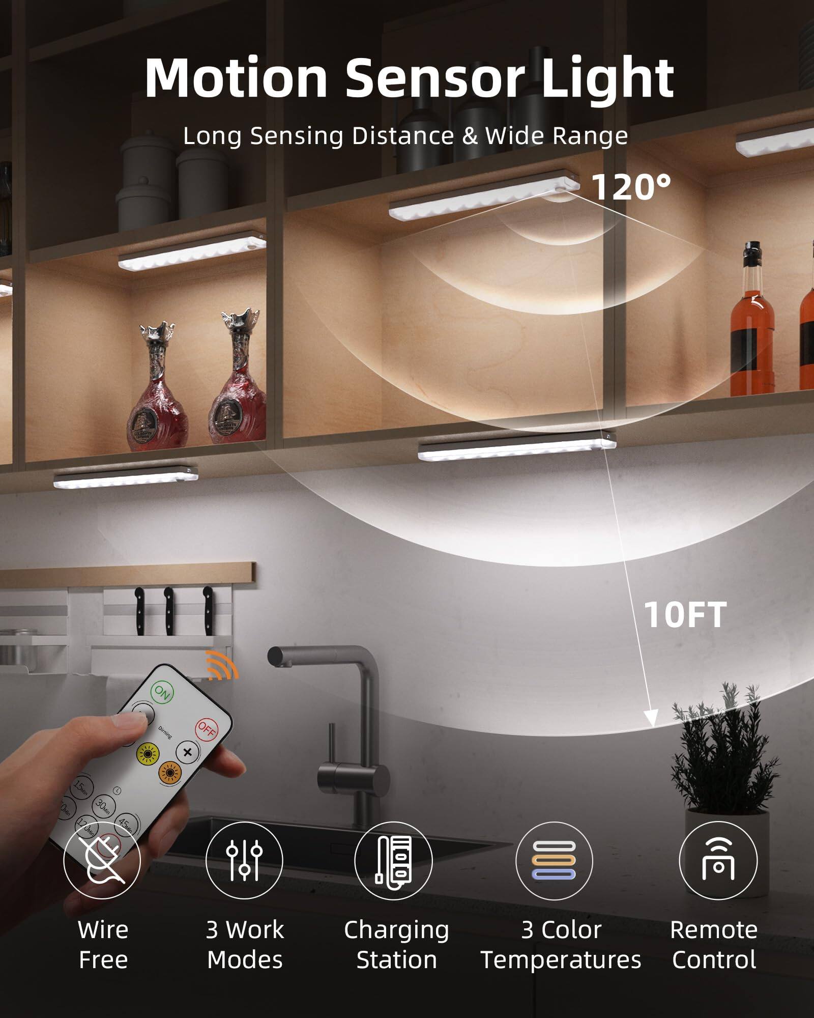 Motion Sensor Light  
Long Sensing Distance & Wide Range  
120°  
10FT  

- Wire Free  
- 3 Work Modes  
- Charging Station  
- 3 Color Temperatures  
- Remote Control