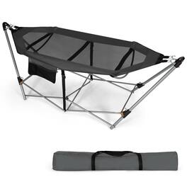 Costway - Folding Hammock Indoor & Outdoor Hammock with Side Pocket & Iron Stand - Gray