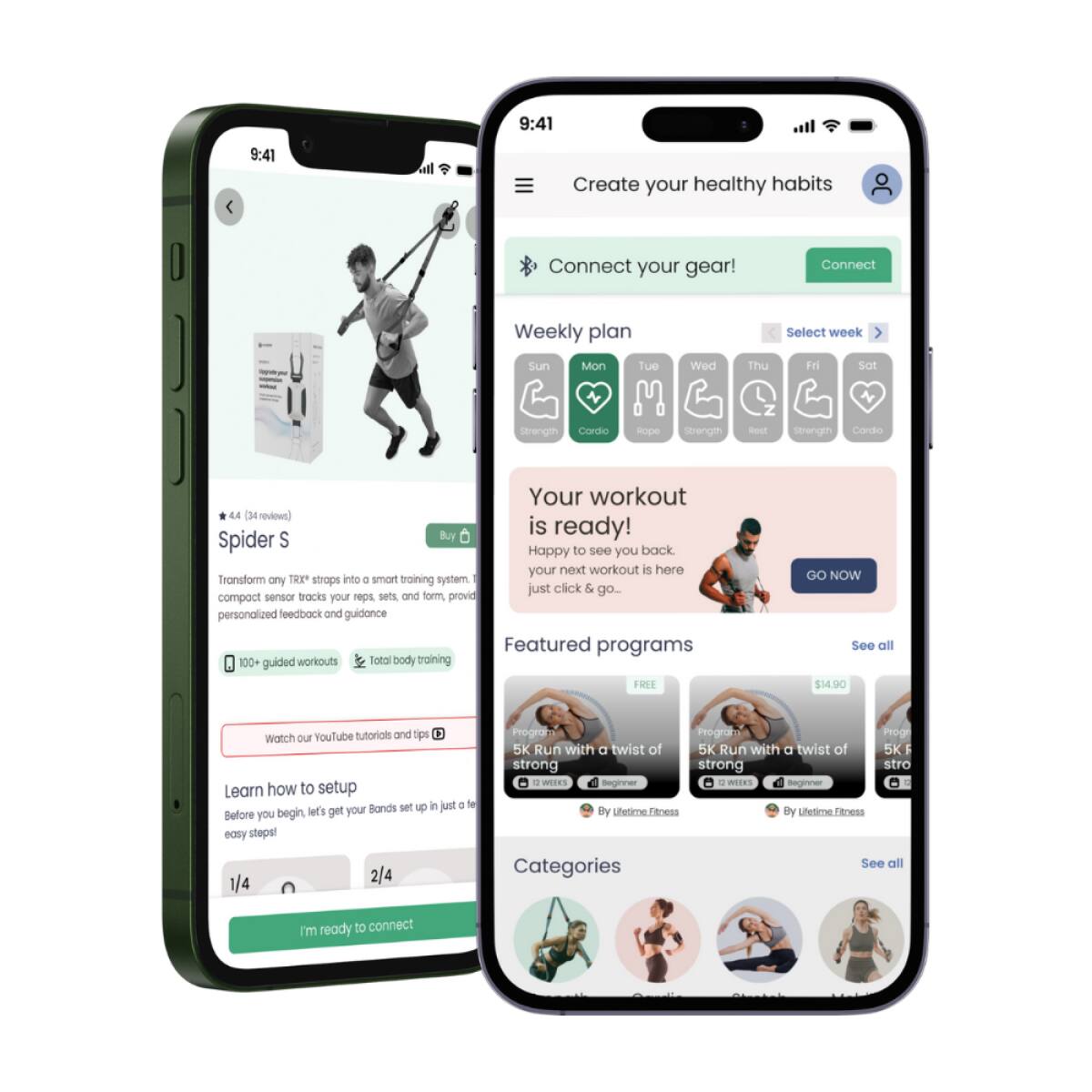 Sure, here is the corrected and grouped text from the image:

---

**Create your healthy habits**

**Connect your gear!**  
[Connect button]

**Weekly plan**  
[Calendar with days: Sun, Mon, Tue, Wed, Thu, Fri, Sat]  
[Icons: Strength, Cardio, Rope, Strength, Rest, Strength, Cardio]

**Your workout is ready!**  
Happy to see you back. Your next workout is here just click & go...  
[GO NOW button]

**Featured programs**  
[Programs:  
- 5K Run with a twist of strong  
- 5K Run with a twist of strong  
- 5K Run with a twist of strong  
- 5K Run with a twist of strong  
- 5K Run with a twist of strong  
- 5K Run with a twist of strong  
- 5K Run with a twist of strong  
- 5K Run with a twist of strong  
- 5K Run with a twist of strong  
- 5K Run with a twist of strong  
- 5K Run with a twist of strong  
- 5K Run with a twist of strong  
- 5K Run with a twist of strong  
