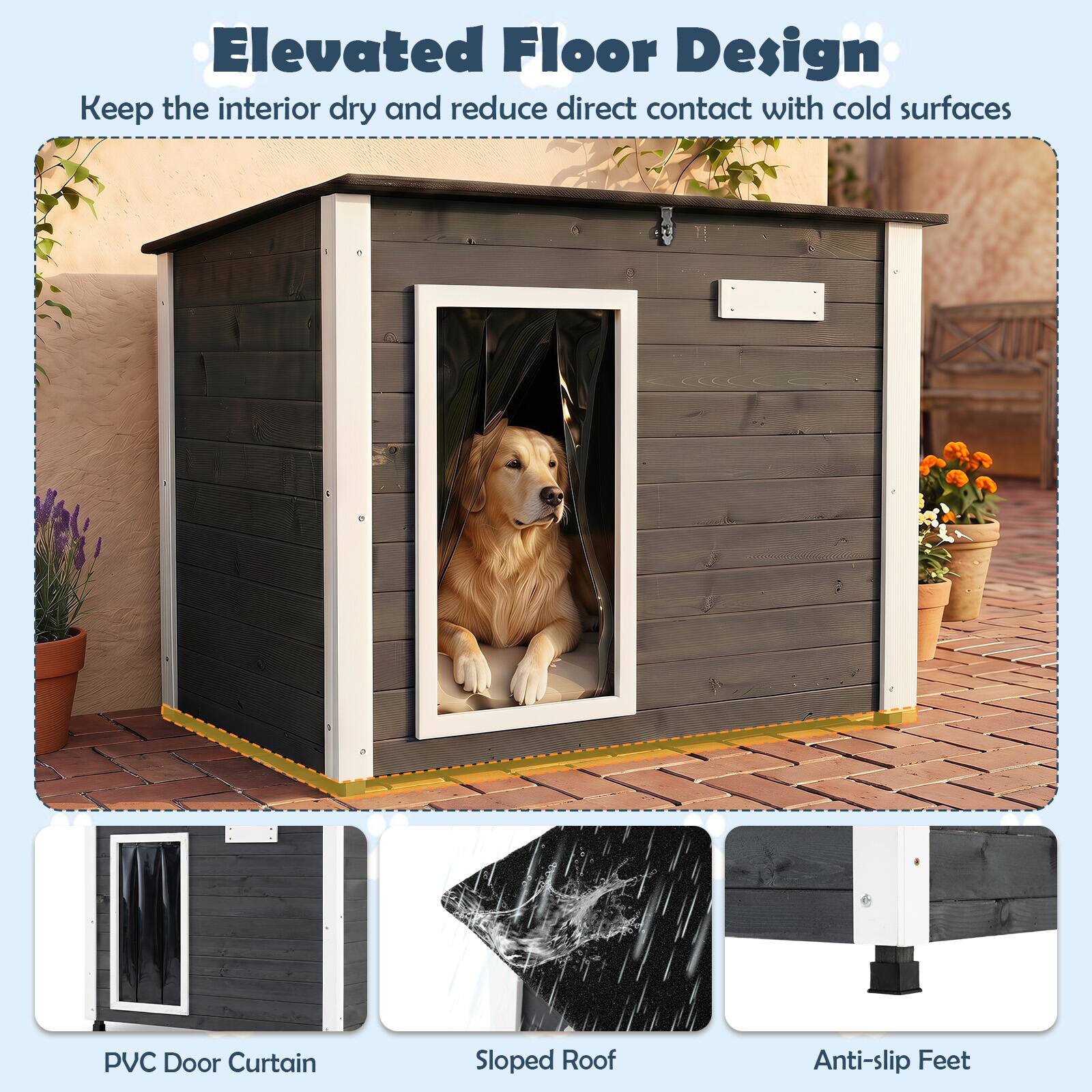 Elevated Floor Design  
Keep the interior dry and reduce direct contact with cold surfaces

PVC Door Curtain  
Sloped Roof  
Anti-slip Feet