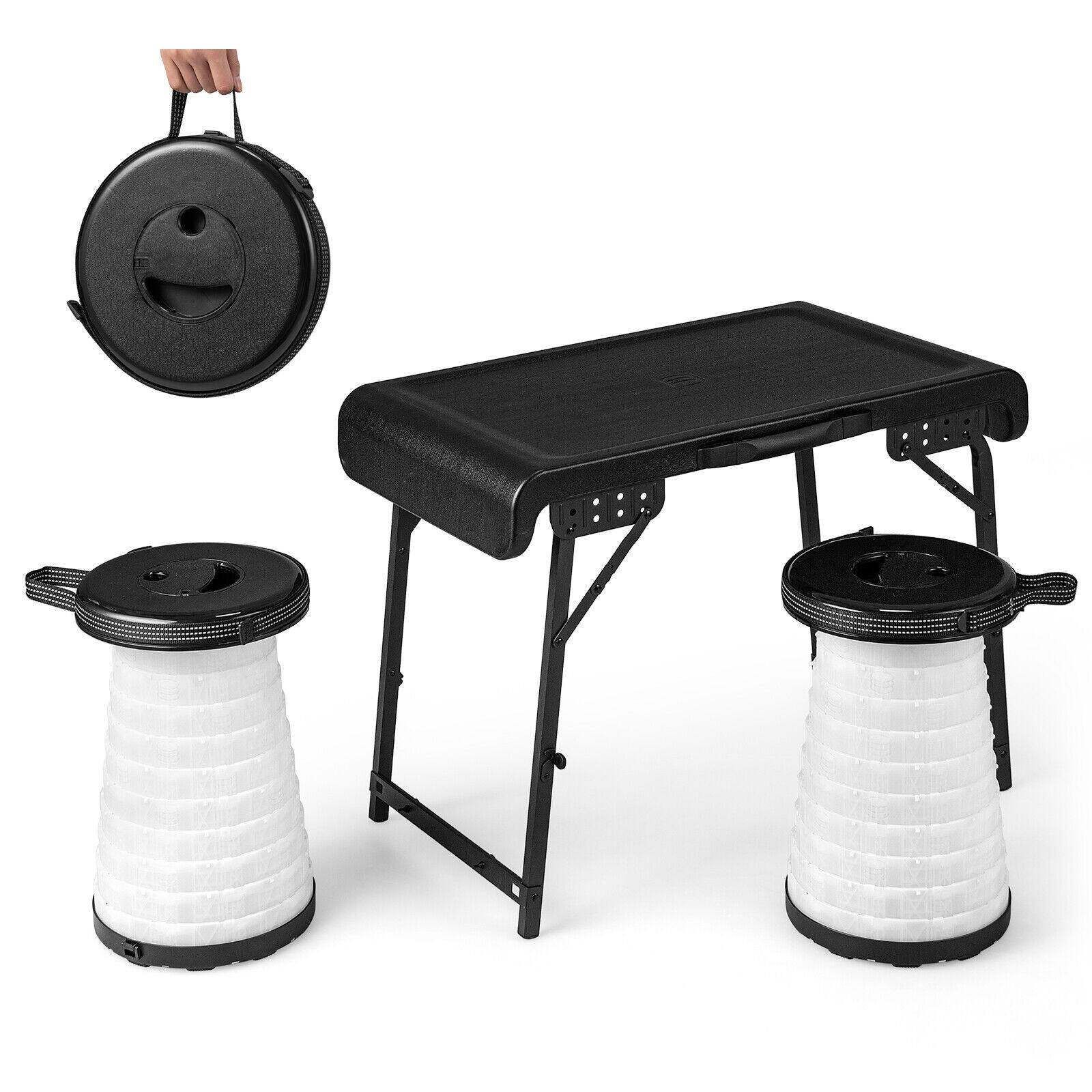 Front. Ecooso - 3 Piece Camping Table and Stool Set with LED Retractable Stools - Black+White.