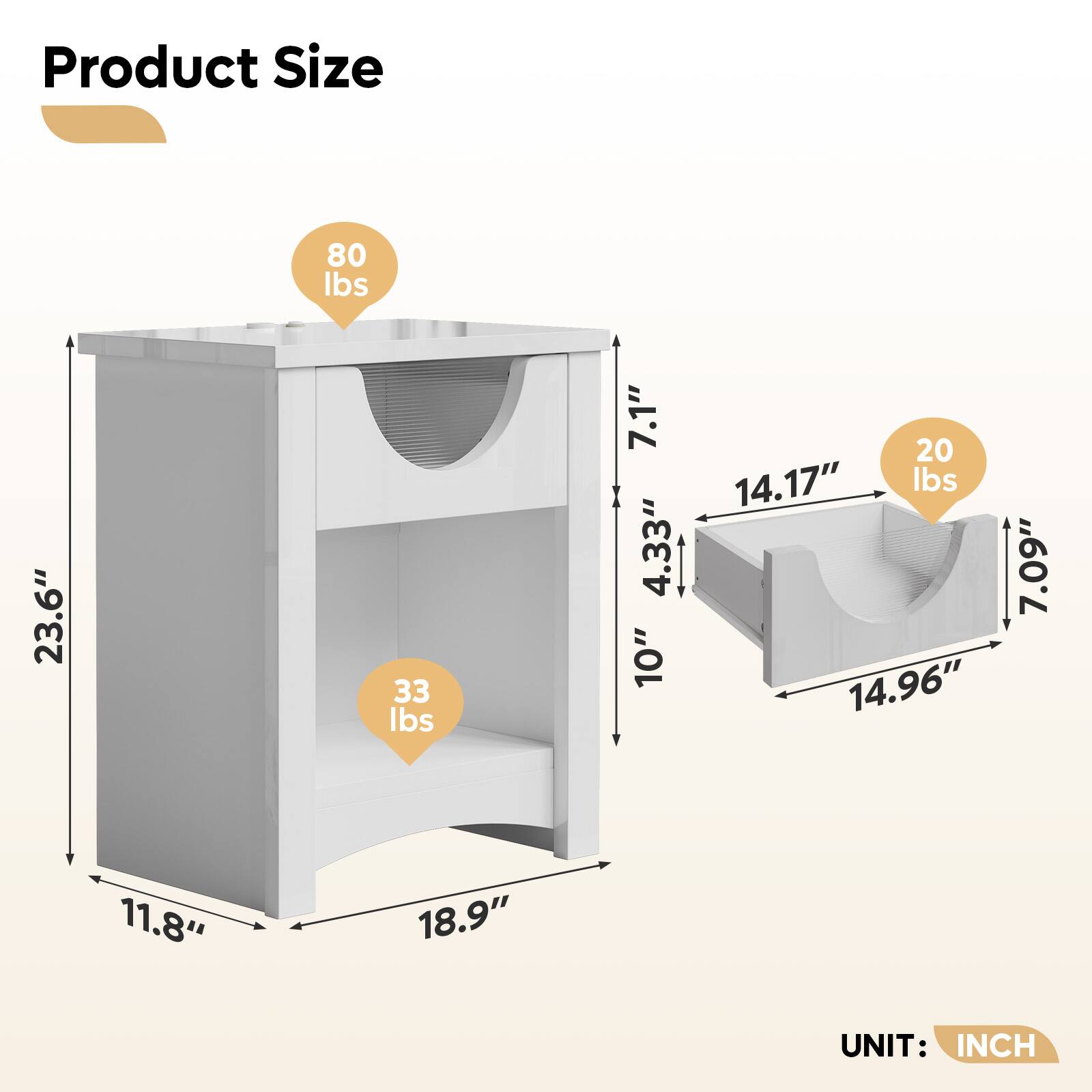 Product Size

- 80 lbs
- 23.6"
- 33 lbs
- 7.1"
- 4.33"
- 10"
- 20 lbs
- 14.17"
- 7.09"
- 14.96"
- 11.8"
- 18.9"

UNIT: INCH