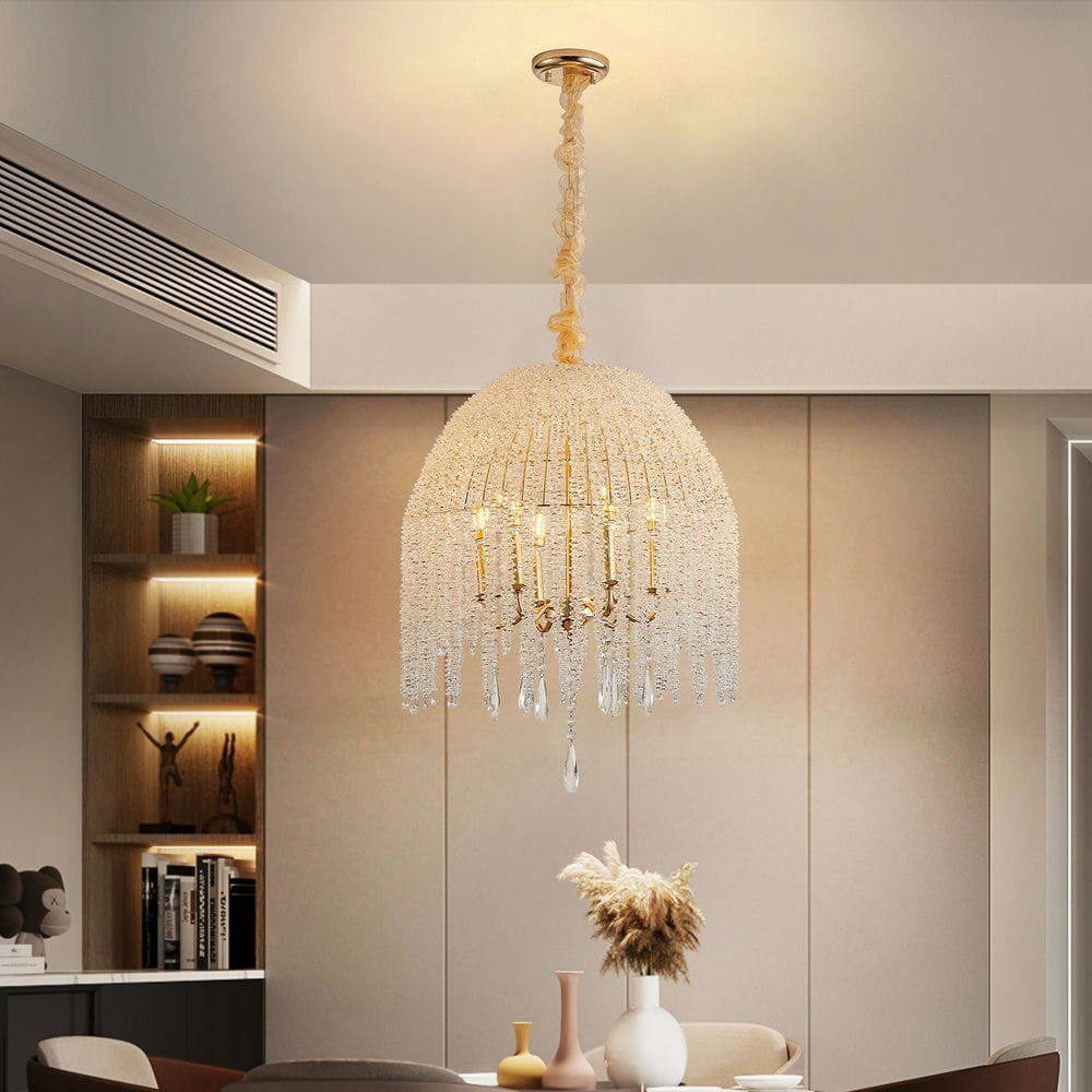 Alt View 5. Kadyn - 20 Inch 6-Light Crystal Pendant Light Chandelier– Elegant Waterfall Design with Grape-Shaped Crystal Bead Strings, Gold - Gold.