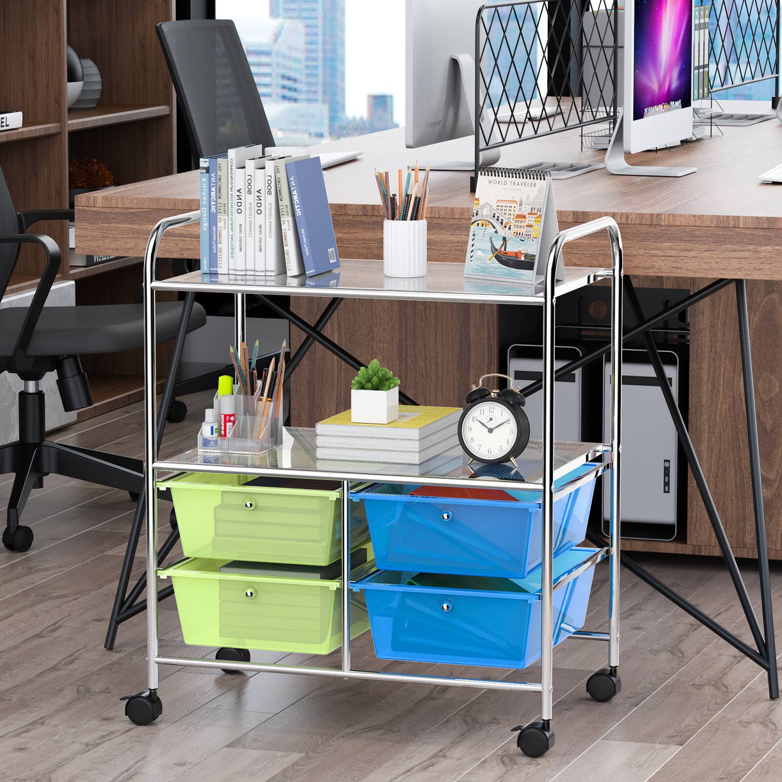 The image features a wooden desk with a metal cart on top of it. The cart has a clock, a book, and a pencil holder on it. There are also several books scattered around the desk, and a chair is positioned nearby. The desk is situated in front of a window, providing a view of the city outside.