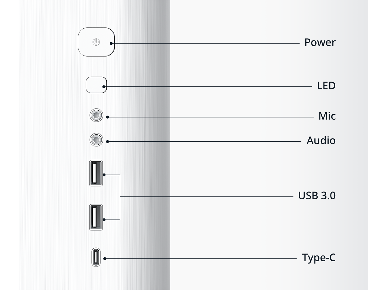Power LED Mic Audio USB 3.0 Type-C

- Power
- LED
- Mic
- Audio
- USB 3.0
- Type-C