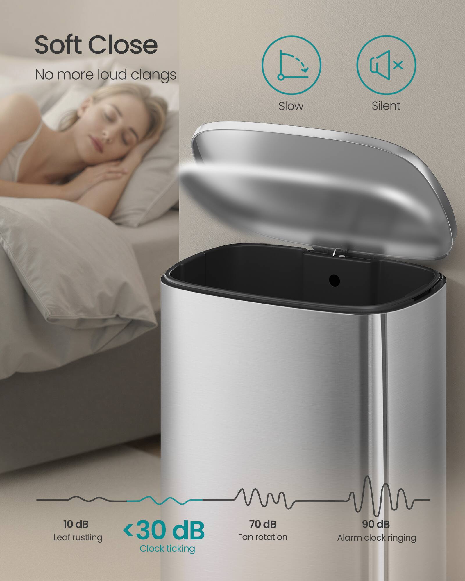 Soft Close  
No more loud clangs  

Slow Silent  

10 dB Leaf rustling  
<30 dB Clock ticking  
70 dB Fan rotation  
90 dB Alarm clock ringing