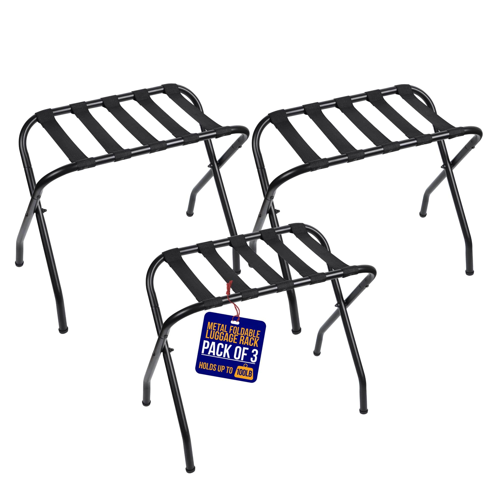 Lifemaster - Metal Luggage Rack – 3-Pack, Foldable Steel Frame, Nylon Straps, Easy Assembly, Space-Saving - Black