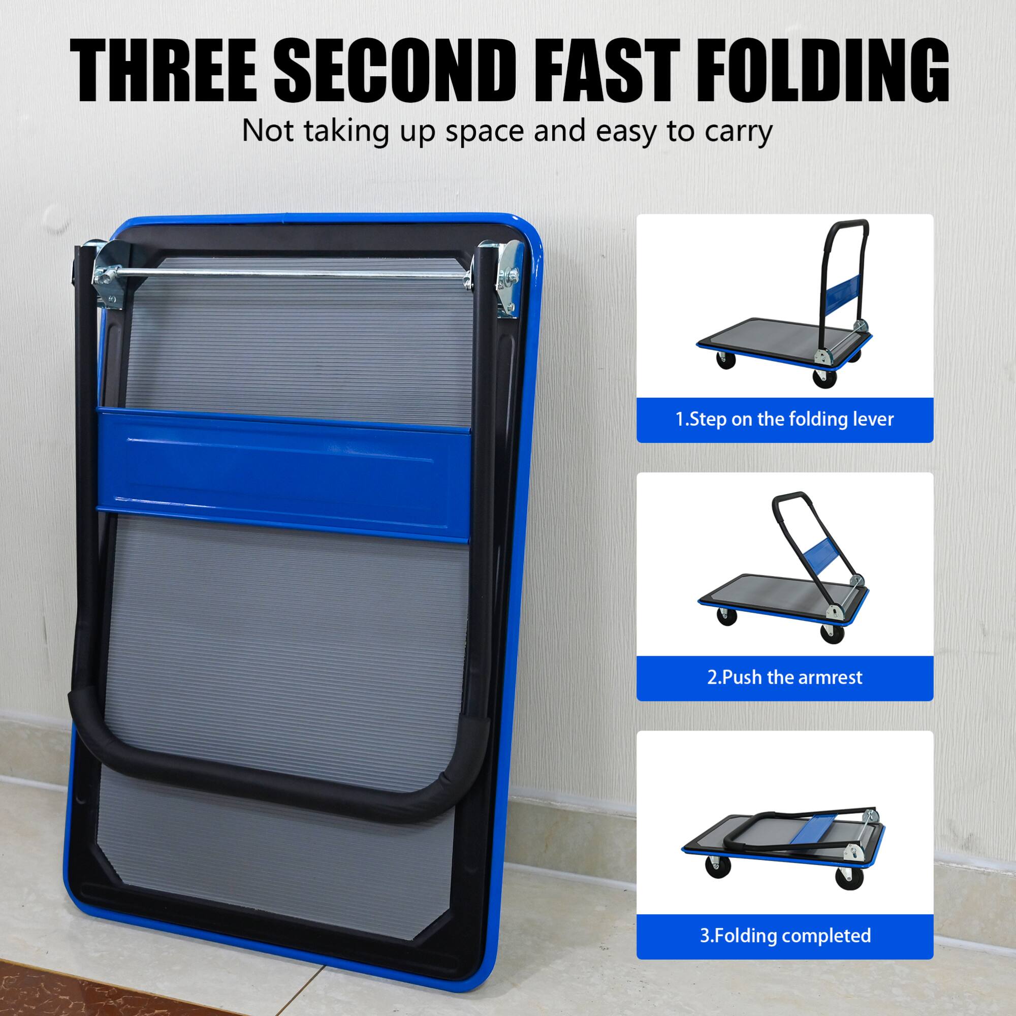 **THREE SECOND FAST FOLDING**  
Not taking up space and easy to carry

1. Step on the folding lever  
2. Push the armrest  
3. Folding completed