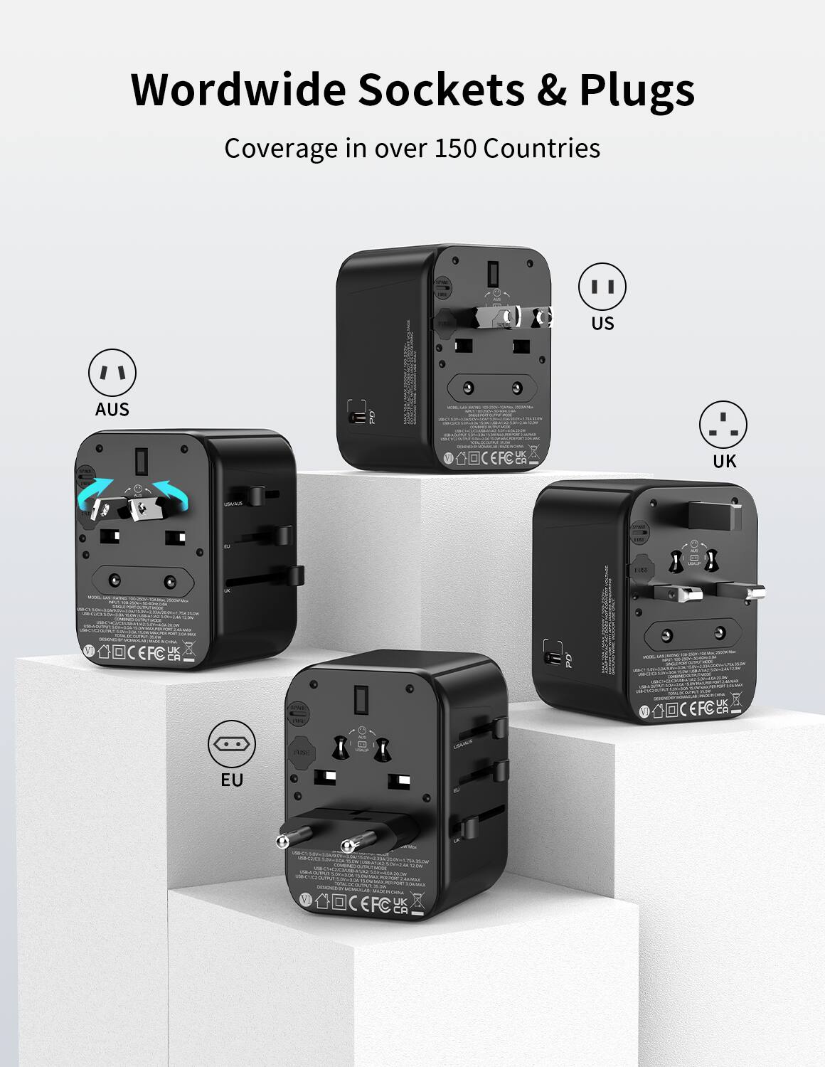 Wordwide Sockets & Plugs  
Coverage in over 150 Countries  

US  
AUS  
UK  
EU