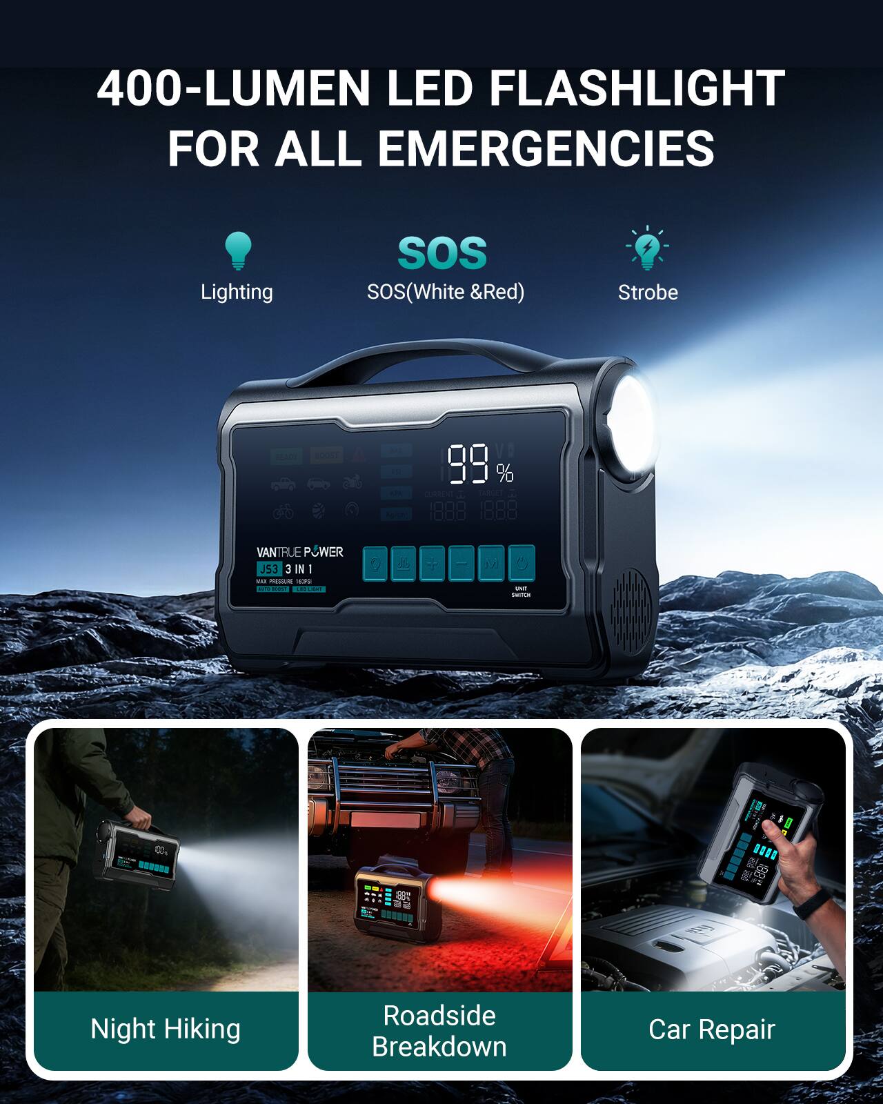 400-LUMEN LED FLASHLIGHT FOR ALL EMERGENCIES

Lighting SOS (White & Red) Strobe

VANTRUE POWER JS3 3 IN 1

Night Hiking
Roadside Breakdown
Car Repair