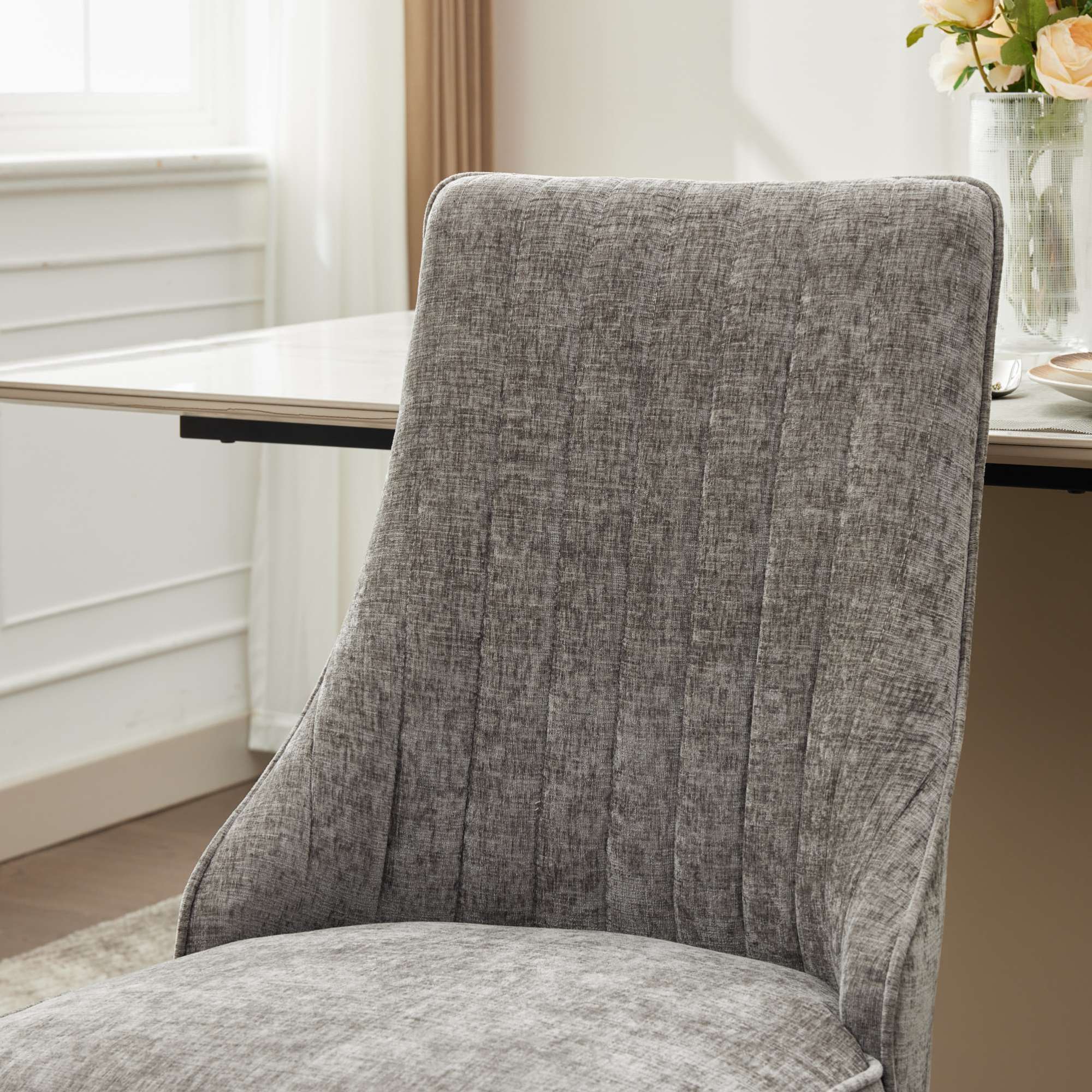 Alt View 6. GOODSILO - Luxury Chenille Fabric Upholstered Dining Chairs with Golden Stainless Steel Legs, Set of 2 - Gray.