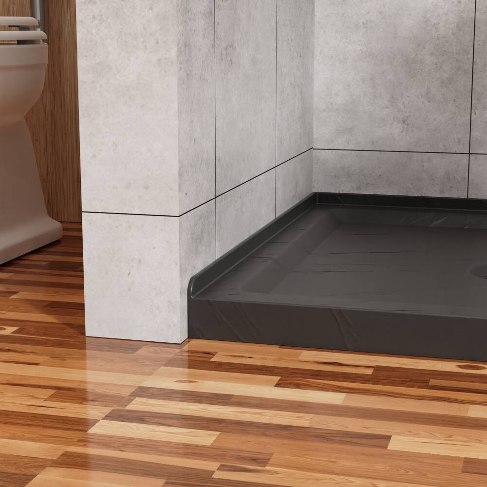 Left. JUJABU - 36"x36" Shower Pan 3.3" Height Double Threshold Shower Base in Slate Black, Anti-slip Acrylic - Black.