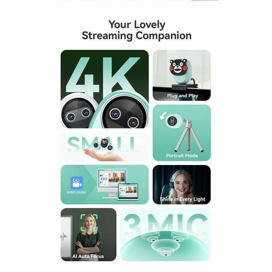 Your Lovely Streaming Companion

4K  
SMALL  
3MIC

- Plug and Play
- Portrait Mode
- Shine in Every Light
- EMEET STUDIO
- AI Auto Focus