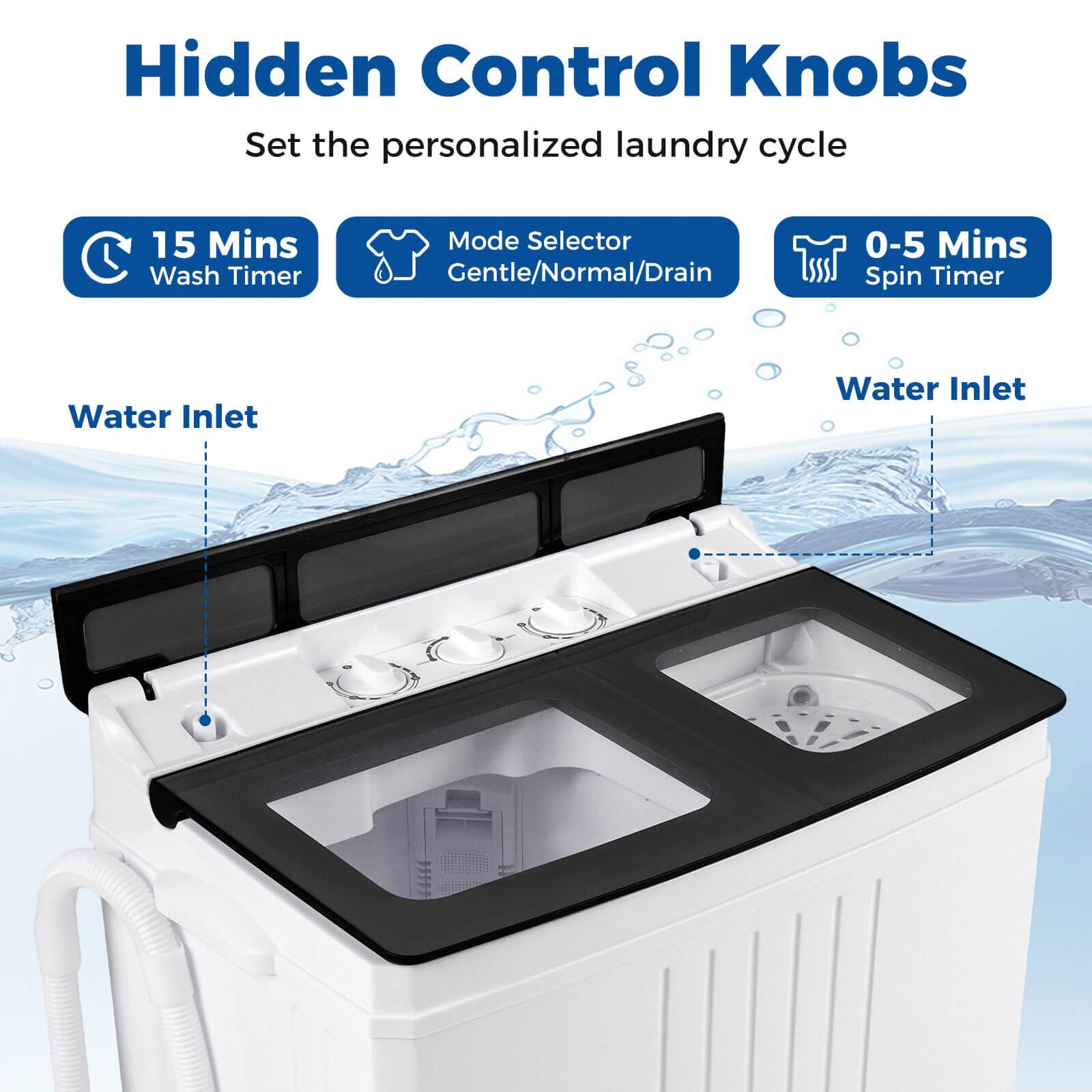 Hidden Control Knobs  
Set the personalized laundry cycle  

- 15 Mins Wash Timer  
- Mode Selector Gentle/Normal/Drain  
- 0-5 Mins Spin Timer  

Water Inlet  
Water Inlet