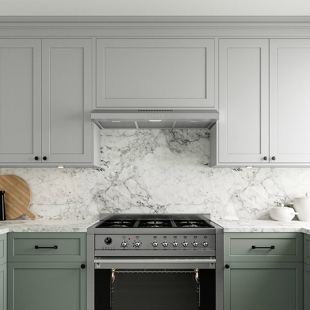 Left. Streamline - 36 in. Arezzo Convertible Undermount 80 CFM Range Hood, Mesh Filters, Push Button Control, LED Light - Brushed Stainless Steel.