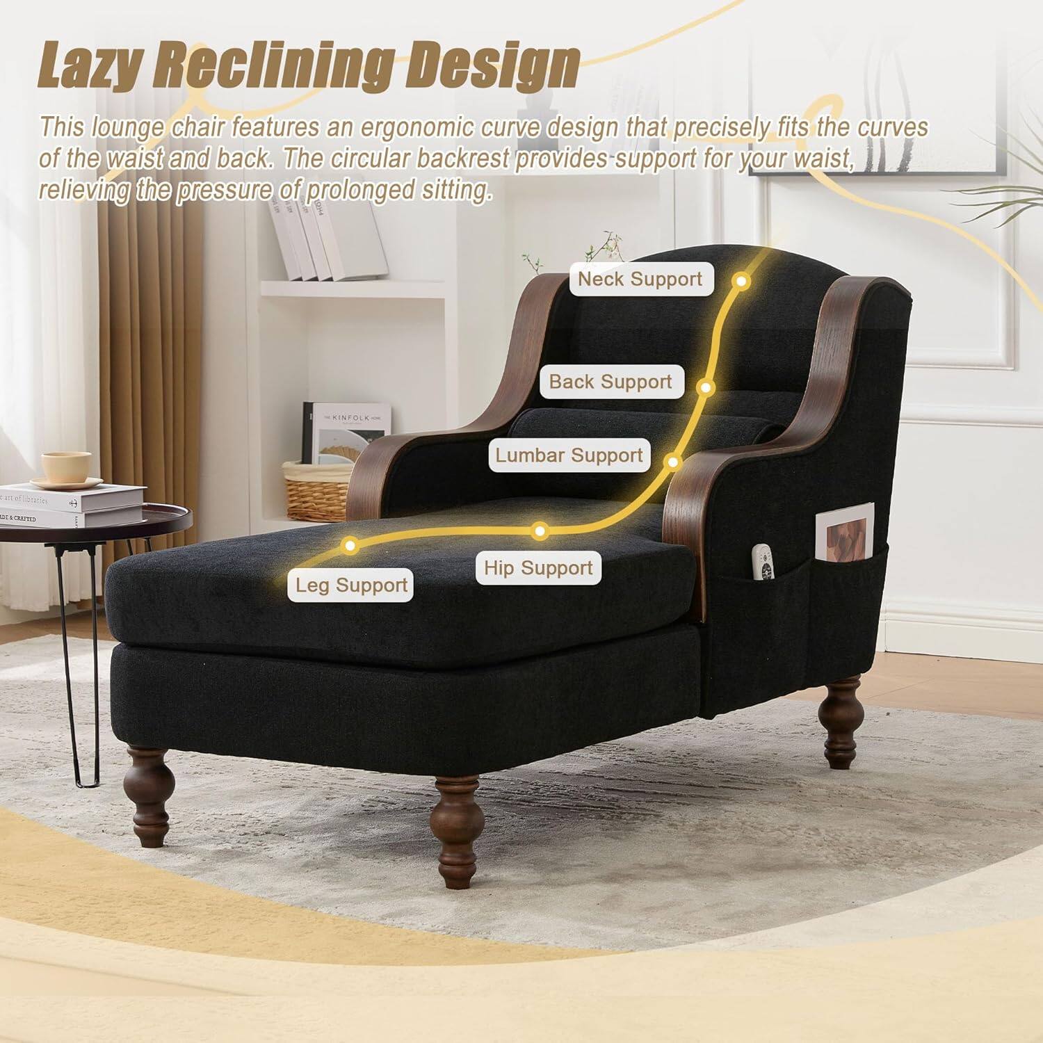 Lazy Reclining Design

This lounge chair features an ergonomic curve design that precisely fits the curves of the waist and back. The circular backrest provides support for your waist, relieving the pressure of prolonged sitting.

- Neck Support
- Back Support
- Lumbar Support
- Hip Support
- Leg Support
