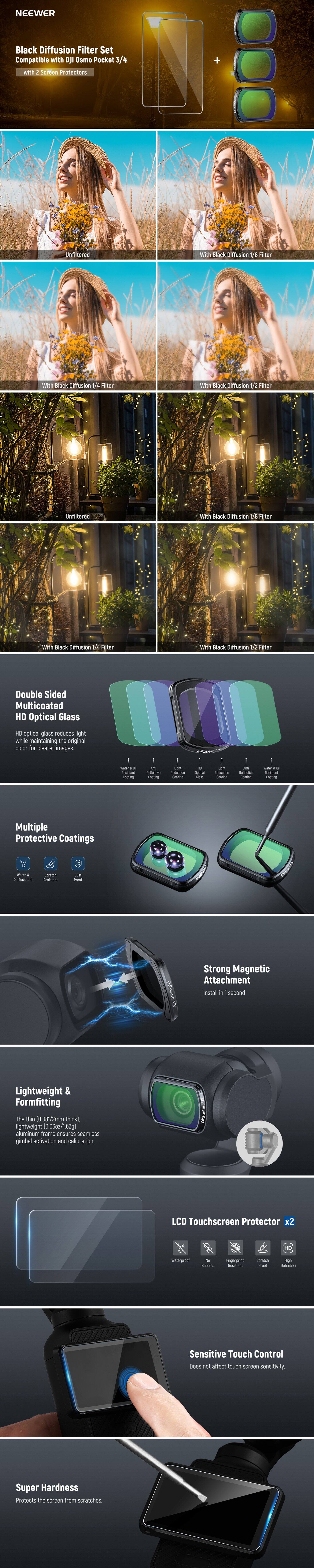 NEEWER Black Diffusion Filter Set Compatible with DJI Osmo Pocket 3/4 with 2 Screen Protectors

Double Sided Multicoated HD Optical Glass
- HD optical glass reduces light while maintaining the original color for clearer images.

Multiple Protective Coatings
- Water & Oil Resistant Coating
- Anti-Reflective Coating
- Light Stain Coating
- Anti-Reflective Coating
- Water & Oil Resistant Coating

Strong Magnetic Attachment
- Install in 1 second

Lightweight & Formfitting
- The thin (0.08/2mm thick) aluminum frame ensures seamless gimbal activation and calibration.

LCD Touchscreen Protector x2
- Water Resistant
- Scratch Proof
- Fingerprint Resistant
- High Definition

Sensitive Touch Control
- Does not affect touch screen sensitivity.

Super Hardness
- Protects the screen from scratches.
