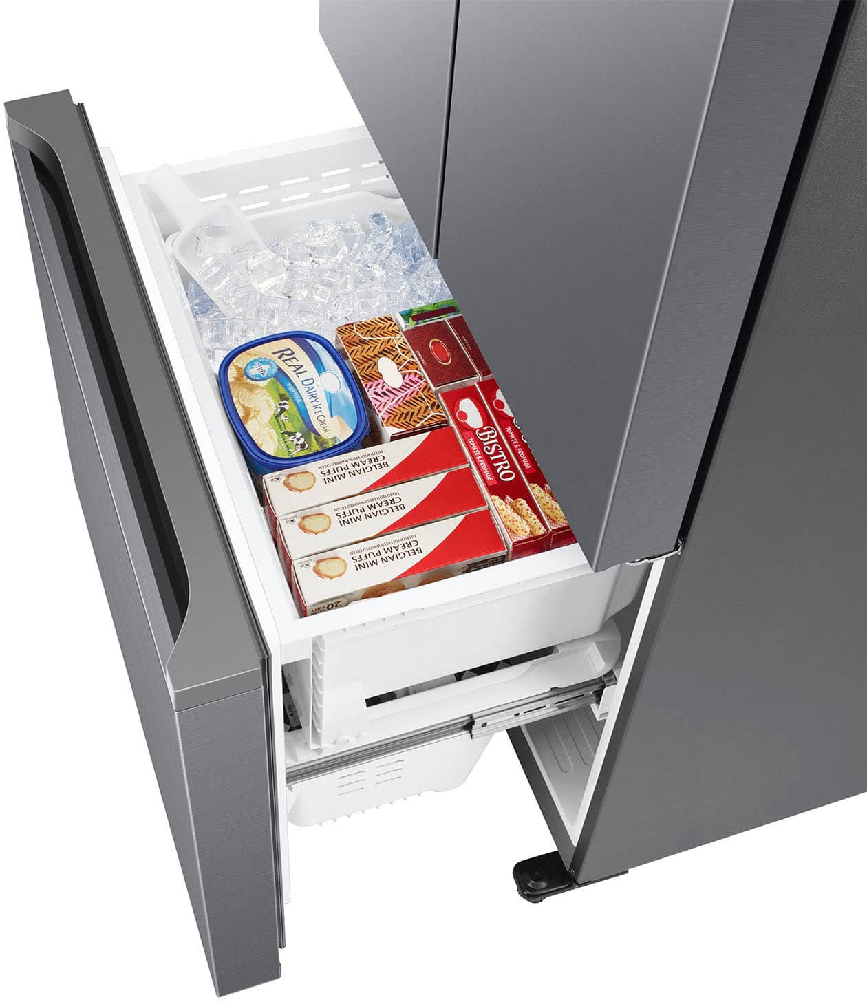 The image shows a small refrigerator with its door open, revealing a variety of food items inside. There are several containers of yogurt, including a carton of Belgian cream puffs, and a container of ice cream. The refrigerator is filled with a mix of food items, including a carton of ice cream and a container of yogurt. The open door of the refrigerator allows for easy access to the contents, making it a convenient and functional appliance.