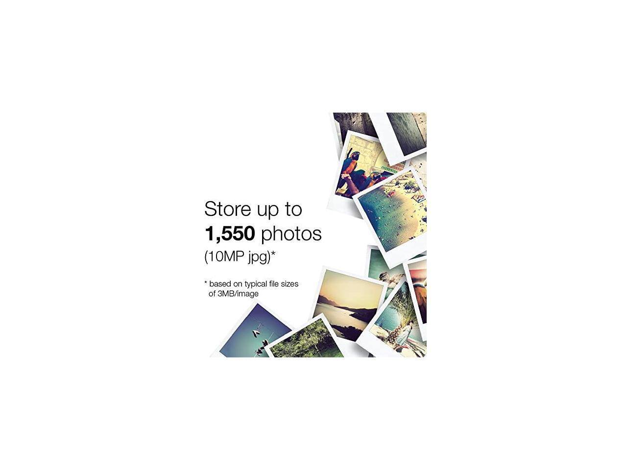 Store up to 1,550 photos (10MP jpg)* based on typical file sizes of 3MB/image
